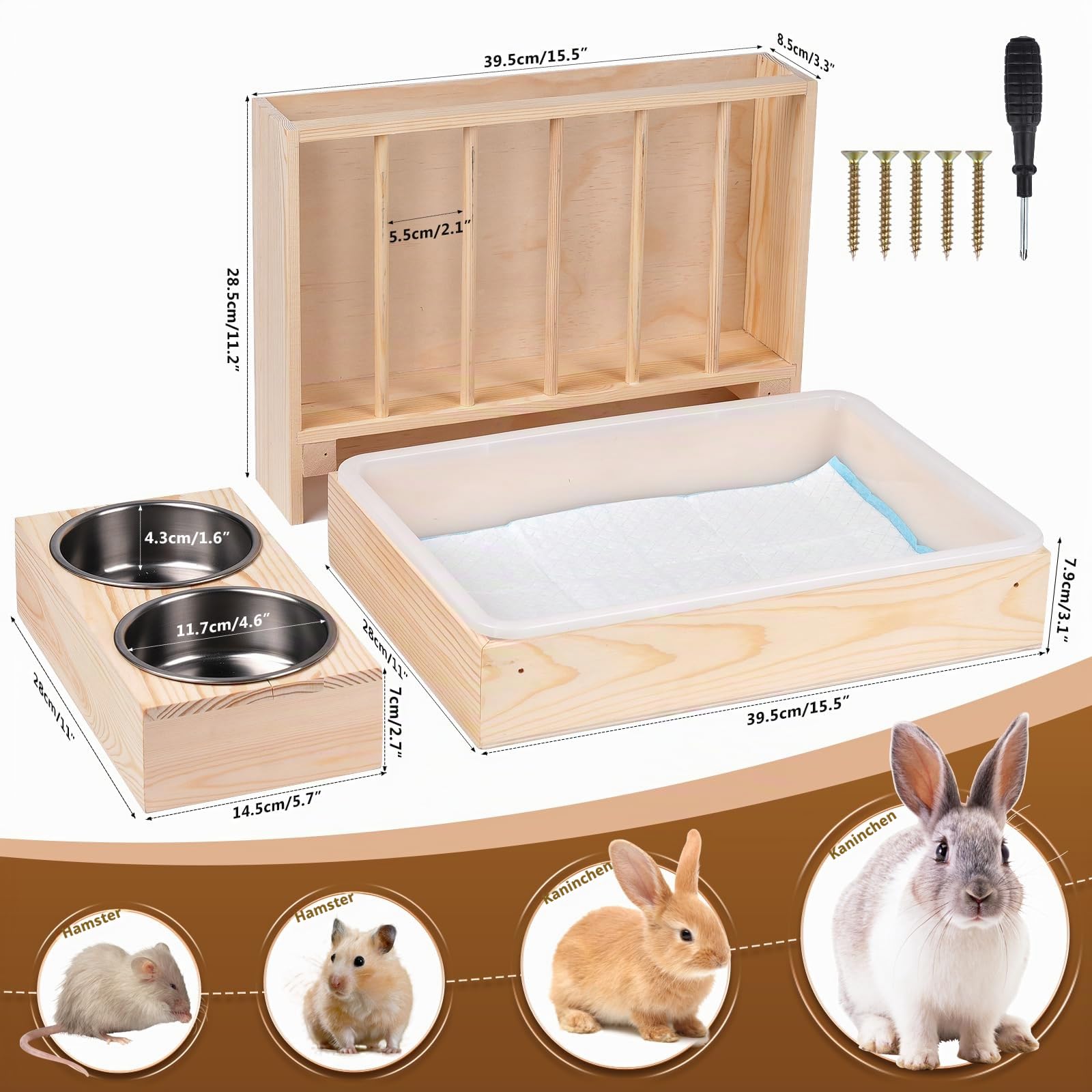 3 in 1 Heufutterstation für Kaninchen mit Katzentoilette und Futterschalen aus Holz für kleine Haustiere Heufutterstation Heufutterspender für Kaninchen Hamster Meerschweinchen