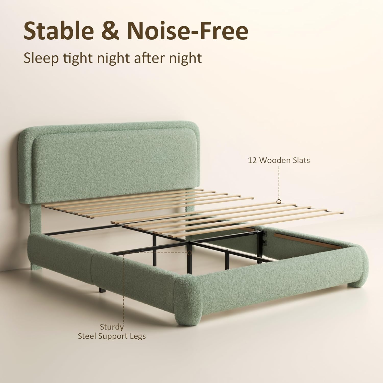 Queen Bed Frame, Teddy Velvet Boucle Bed Frame with 43.3"/45.3" Adjustable Upholstered Headboard, Rounded Corners, Mattress Foundation, No Box Spring Required, Green