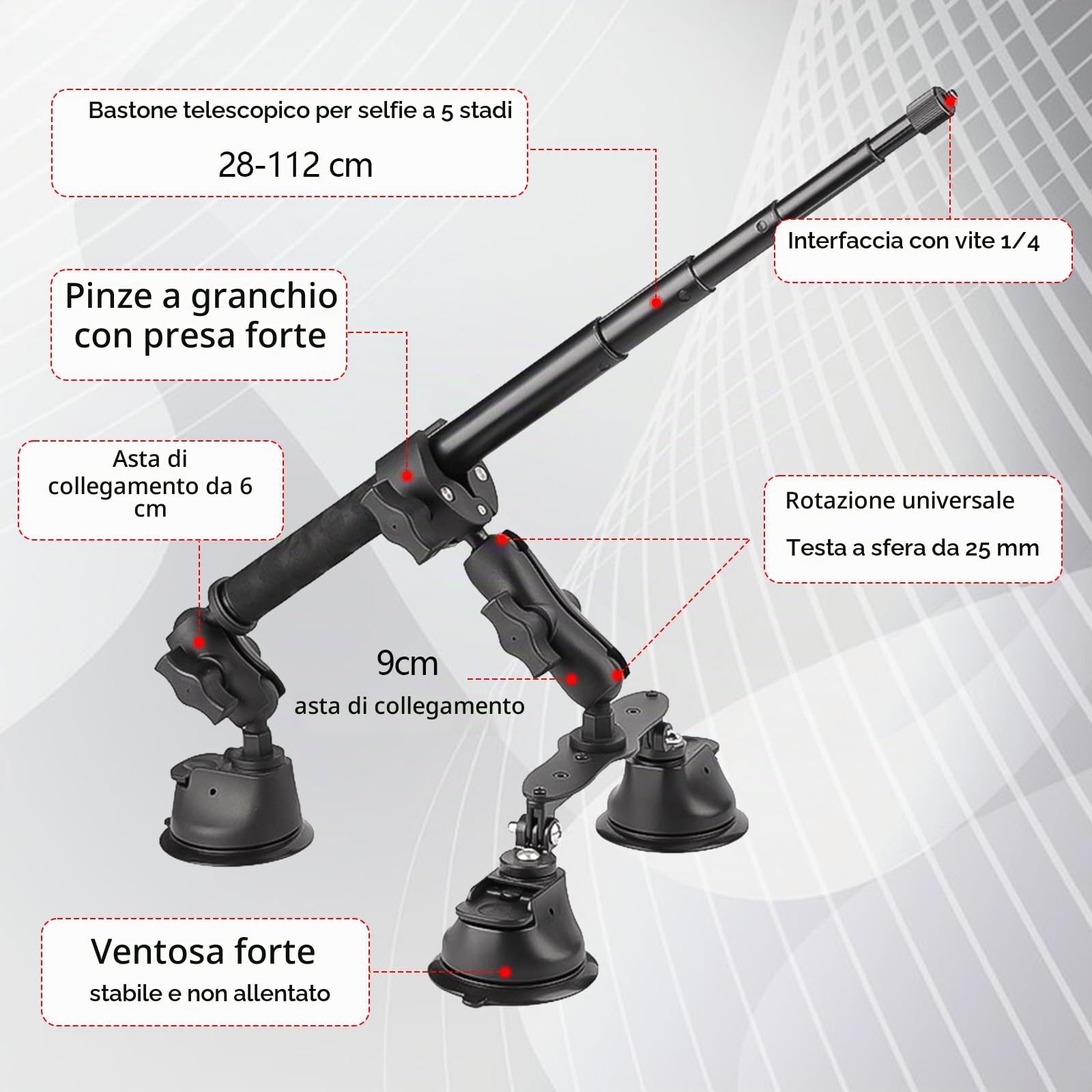 Set Di Supporto Per Auto Con Tripla Ventosa, Supporto Per Auto Con Tripla Ventosa E Morsetto Per Insta360 Gopro Akaso Action Camera Supporto Per Selfie Stick Retrattile Da 28-112 Cm Con Braccio Magico