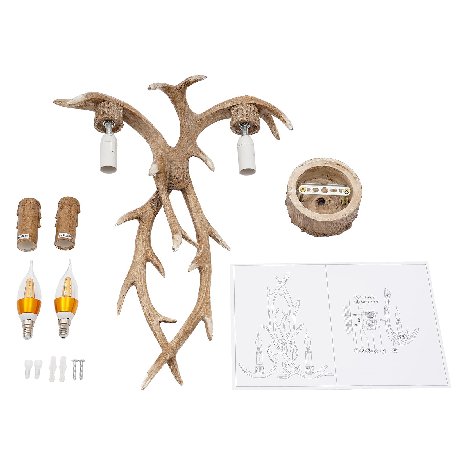 Lampadario da parete, Lampada da parete con corna di cervo, Con corna, Illuminazione in resina rustica, Set di luci LED 5W dimmerabili E14 calde, Illuminazione per corridoio in stile country e