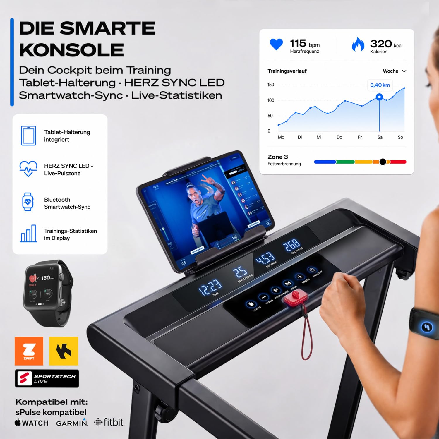 Sportstech sProRun Laufband für Zuhause klappbar, Laufband mit Steigung 9% | – 12 km/h, bis 120 kg, leise, LED Pulszonen, Premium App, Tablethalter für Home Workout, Designed in Germany