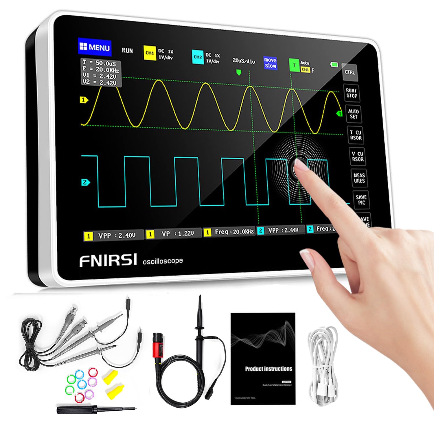 Oscilloscopio Tablet a 2 Canali, WapoRich Oscilloscopio Portatile con Sonda ad Alta Tensione 100X, Larghezza di Banda 100MHz, Frequenza di Campionamento 1GSa/s, Memoria per 1000 Screenshot