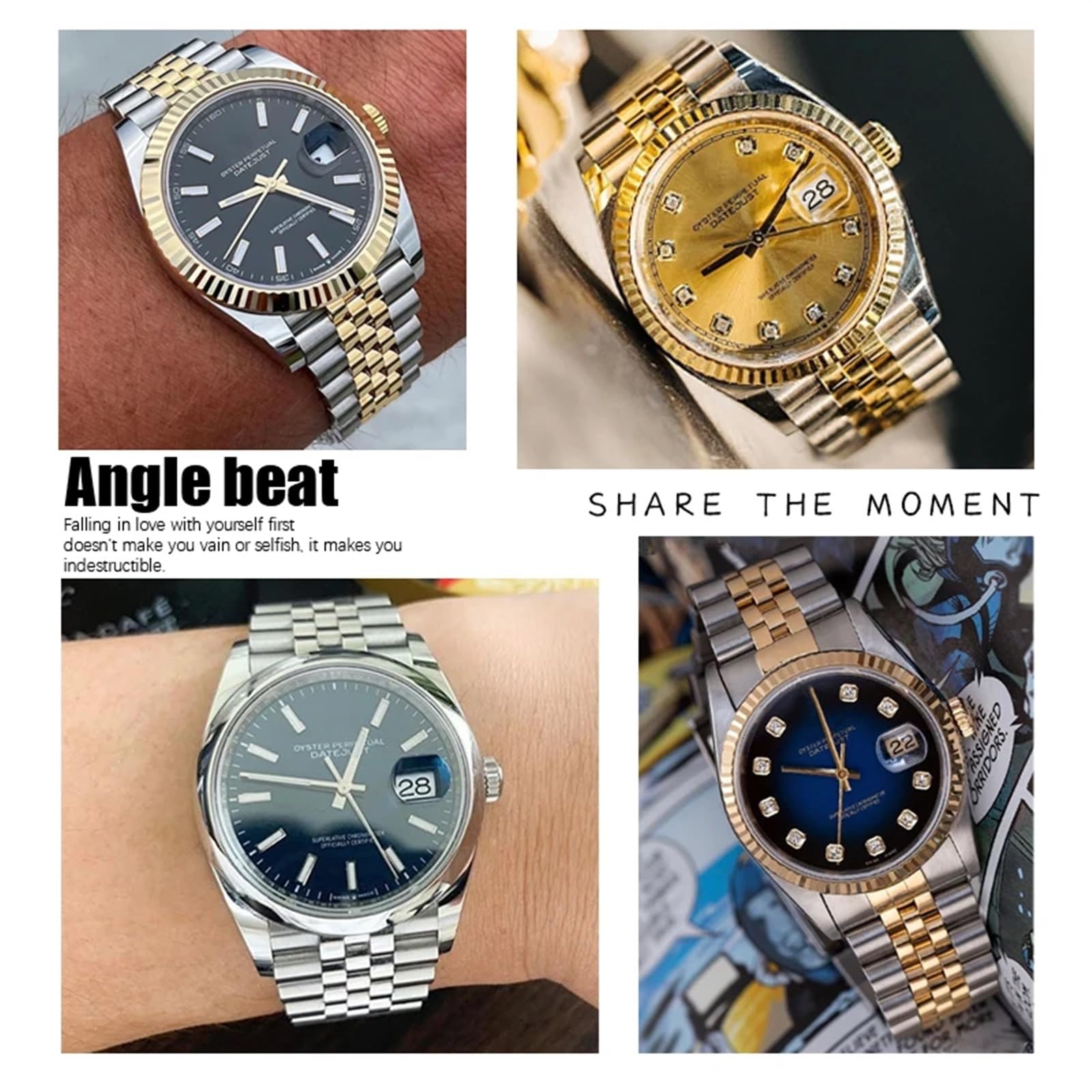 316L Edelstahl-Armband, 20 mm, passend für Rolex Datejust Oyster Perpetual 36 mm, Zifferblatt-Armband, silberfarben, goldfarben, solides Armband
