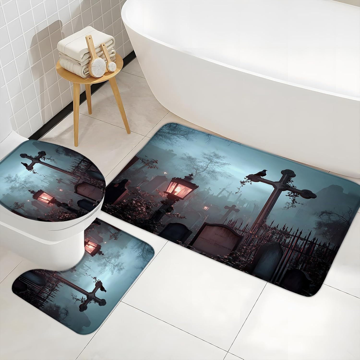 Horror Graveyard Bath Mat Set 3 Piece Gothic Castle Raven Night Spooky Tombstone Spooky Halloween Country Bathroom Rug and Toilet Lid Cover U Shape Mat Home Decor