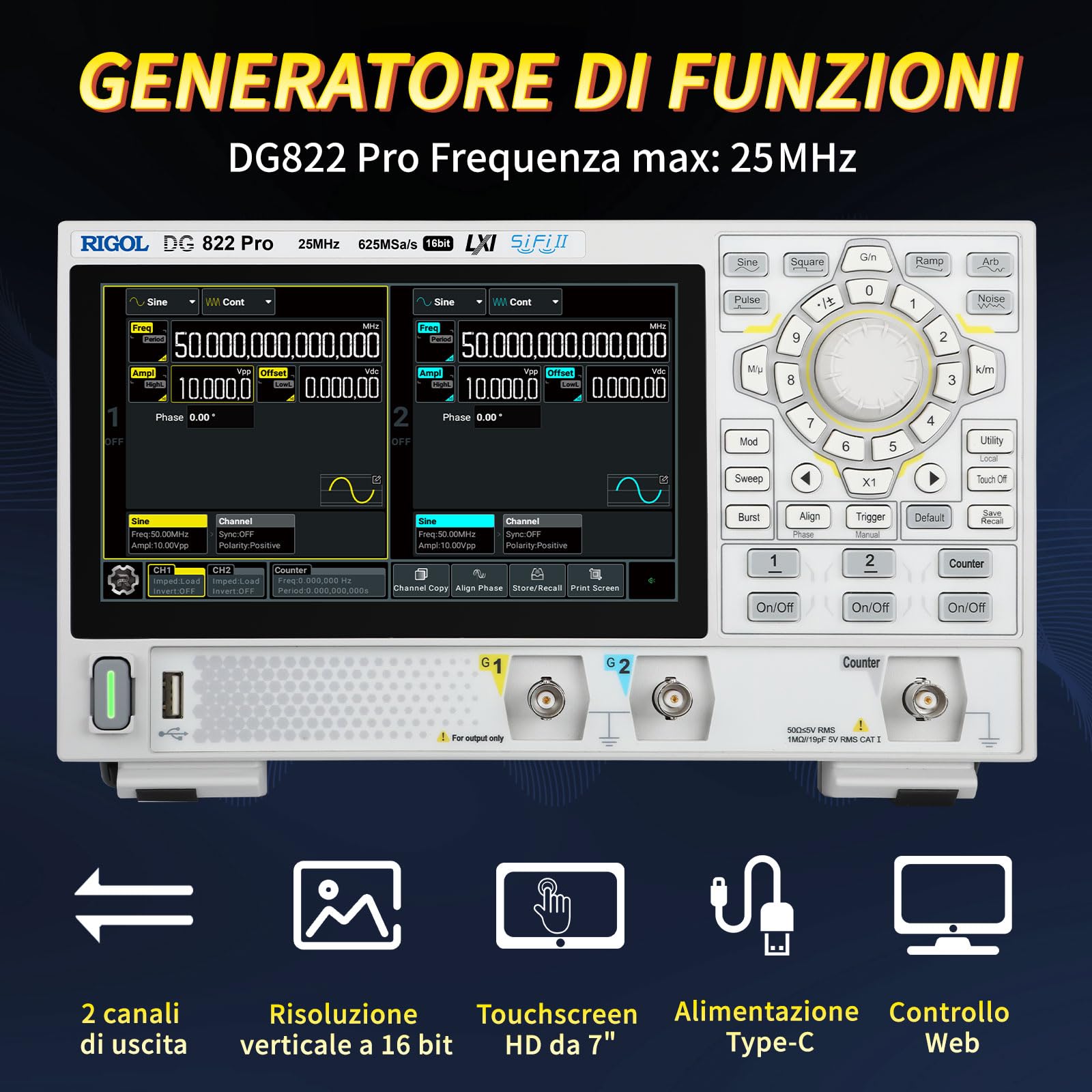 RIGOL Generatore di Segnale,DG822 Pro Generatore di Funzioni,25 MHz,2 Canale,Risoluzione a 16 bit,Schermo touchscreen HD da 7",Ultra-portatile,Perfetto per test sul campo e didattica in laboratorio