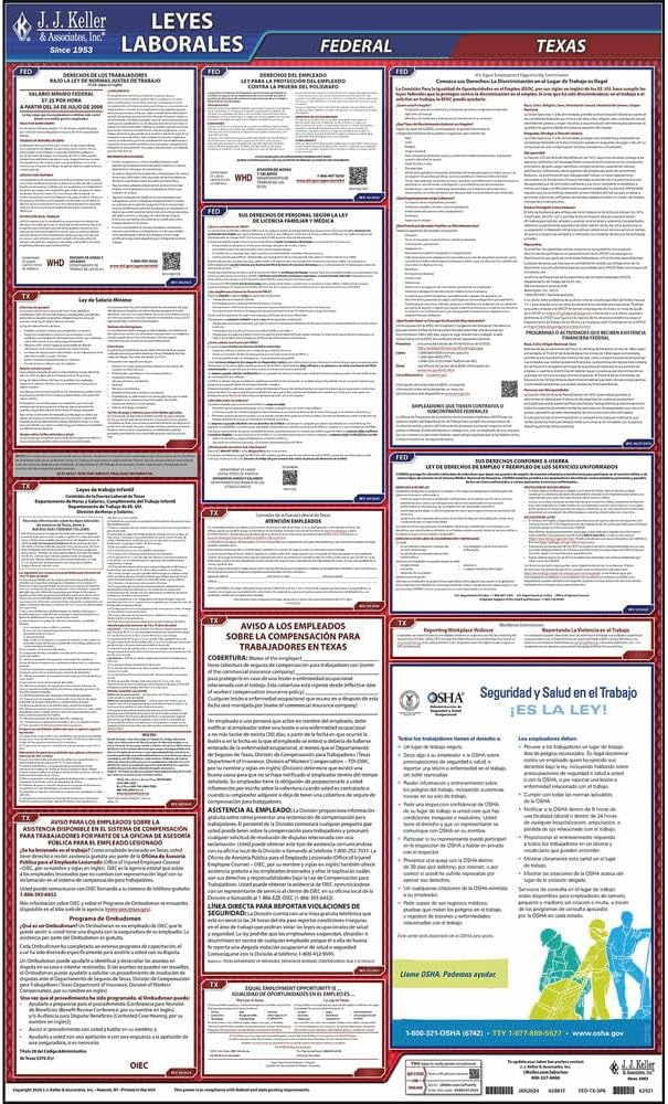 2026 Texas and Federal Labor Law Poster with Workers' Comp (Spanish, TX State) - OSHA Compliant All-in-One Laminated Poster, J. J. Keller & Associates, Inc.