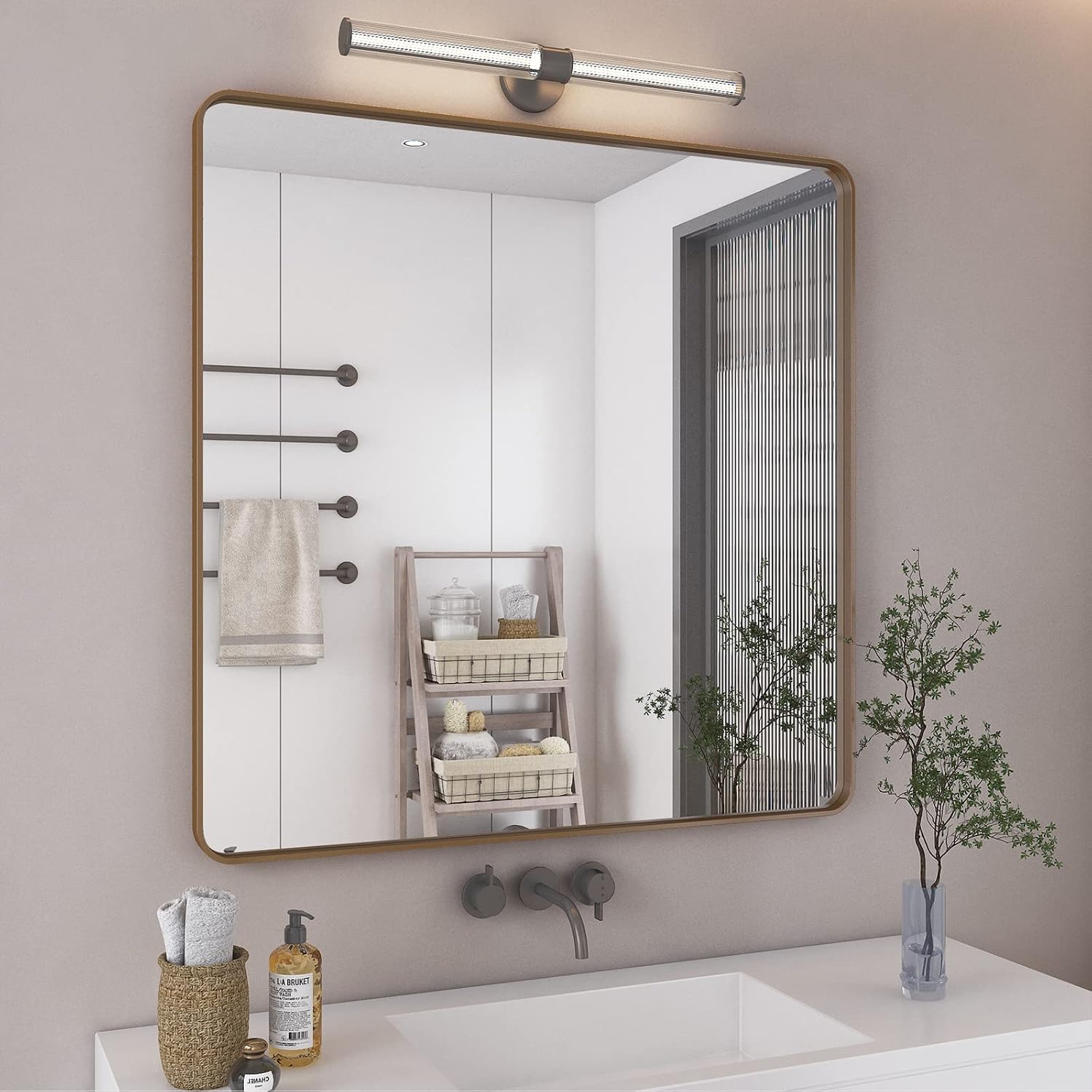 CHARMOR 36x36 Square Gold Bathroom Mirror for Wall, Brushed