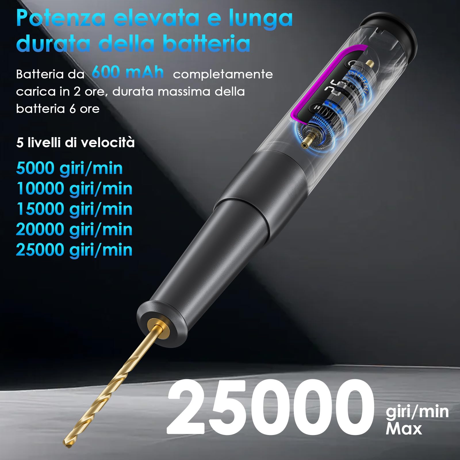 Diealles Shine Mini Trapano Elettrico a Batteria con 10 Punte, 5 Velocità, Ricarica USB per Gioielli/Legno/PCB