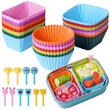 Silicone Lunch Bento Box, 42 Pack Bento Lunch Box Bundle Dividers with Food Picks Lunch Accessories, Durable, Reusable, BPA-Free, Freezer and Dishwasher Safe