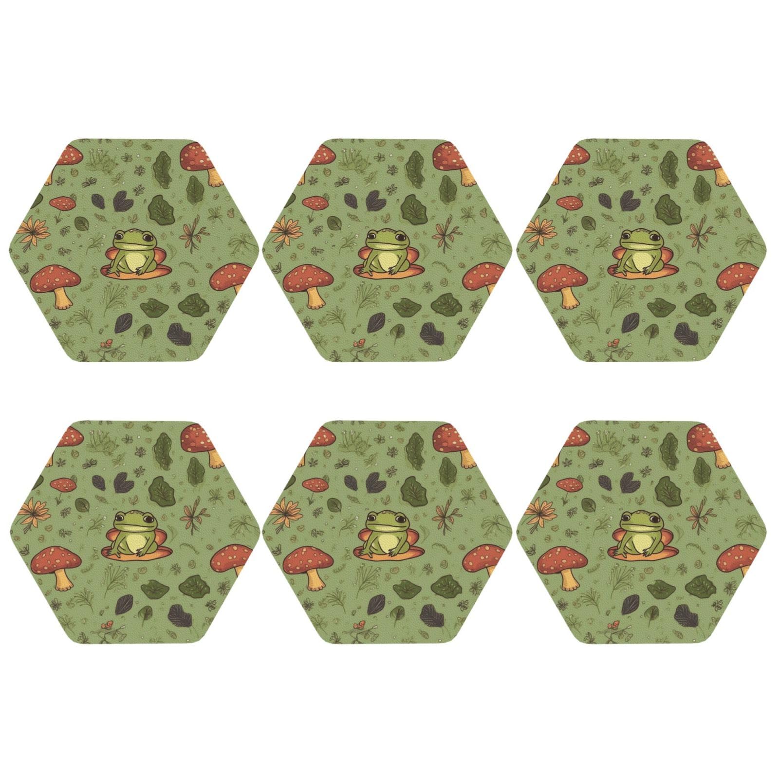 6pcs Leather Coasters for Drinks, Frogs and Mushrooms Drink Coasters for Tabletop Protection, 4" Cup Coasters for Coffee Table Decor, Non-Slip Drinking Cup Mat for Hot Or Cold Drink