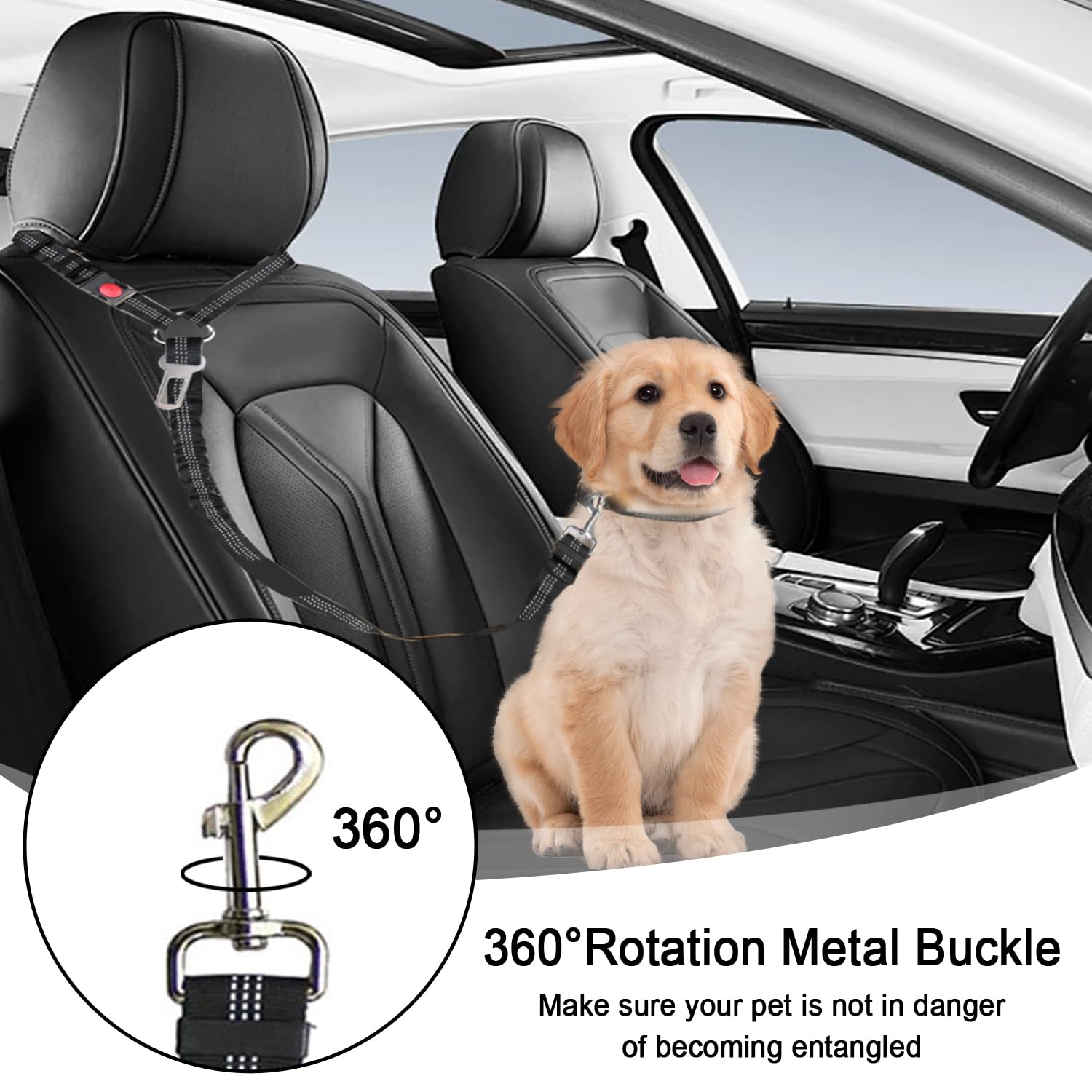 Lot de 2 ceintures de sécurité pour chien - Harnais de sécurité élastique réglable pour voiture - Laisse rembourrée élastique anti-chocs (noir)