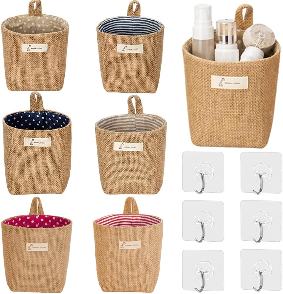 AOKZOE 6 Pack Wall Hanging Storage Bags Hanging Storage Bags Cotton Linen Storage Basket Foldable Wall Hanging Basket Family Organizer Box Decorative Bag
