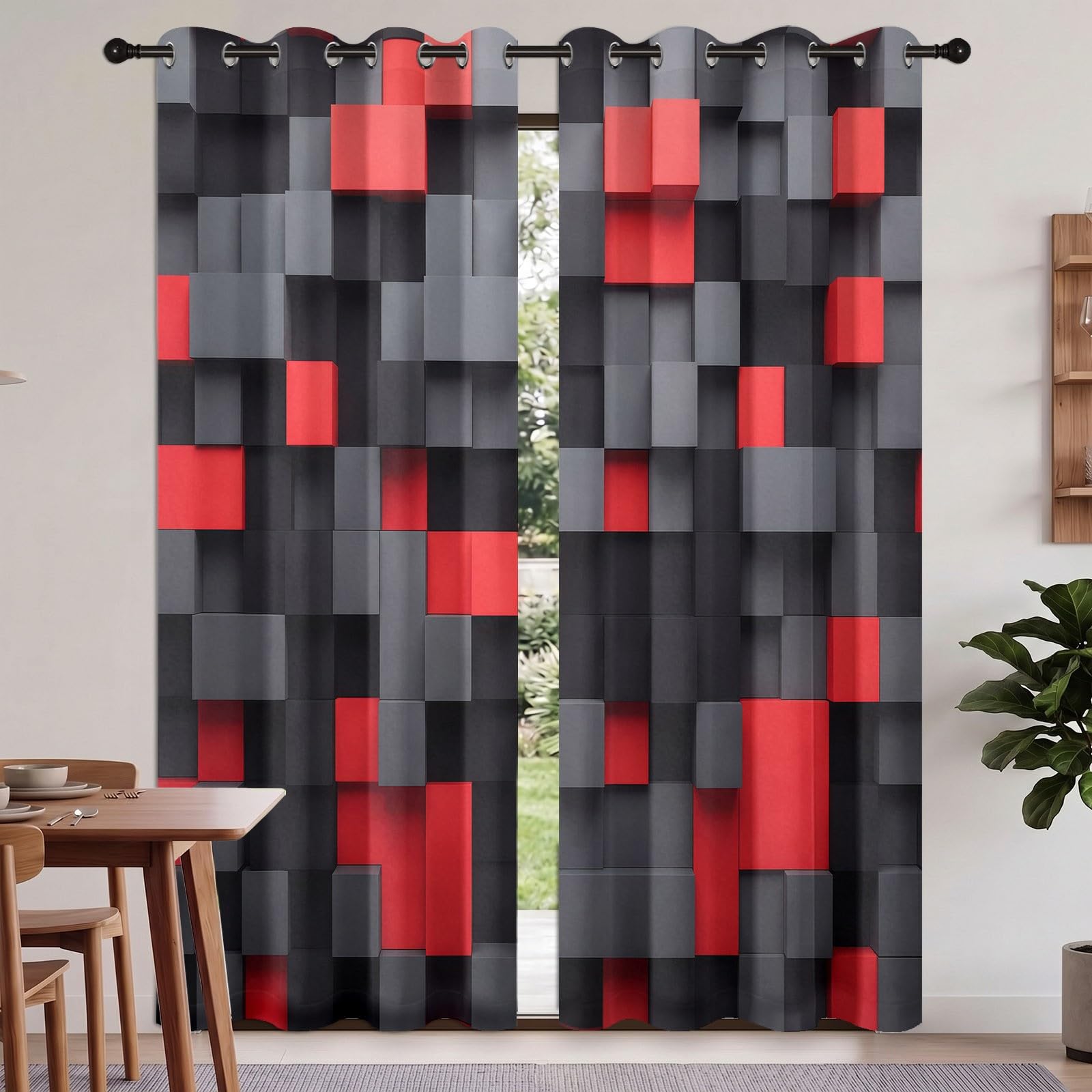 Verdunkelungsvorhänge Modern Minimalistisch, 3D Geometrisch Würfel Quadrate Farbblöcke Vorhänge mit Ösen für Wohnzimmer, H245 x B100 cm 2 Paneele Blickdicht Thermovorhang für Schlafzimmer, Schwarzgrau