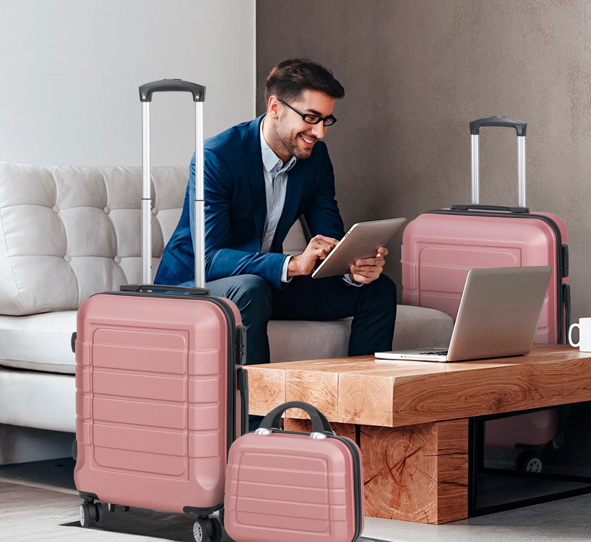 Juego o Set de 3 Maletas de Viaje - 4 ruedas dobles giratorias - Neceser - Maleta de cabina - equipaje de mano - Cerradura TSA - Ligeras - ABS - Resistentes - Asa telescópica