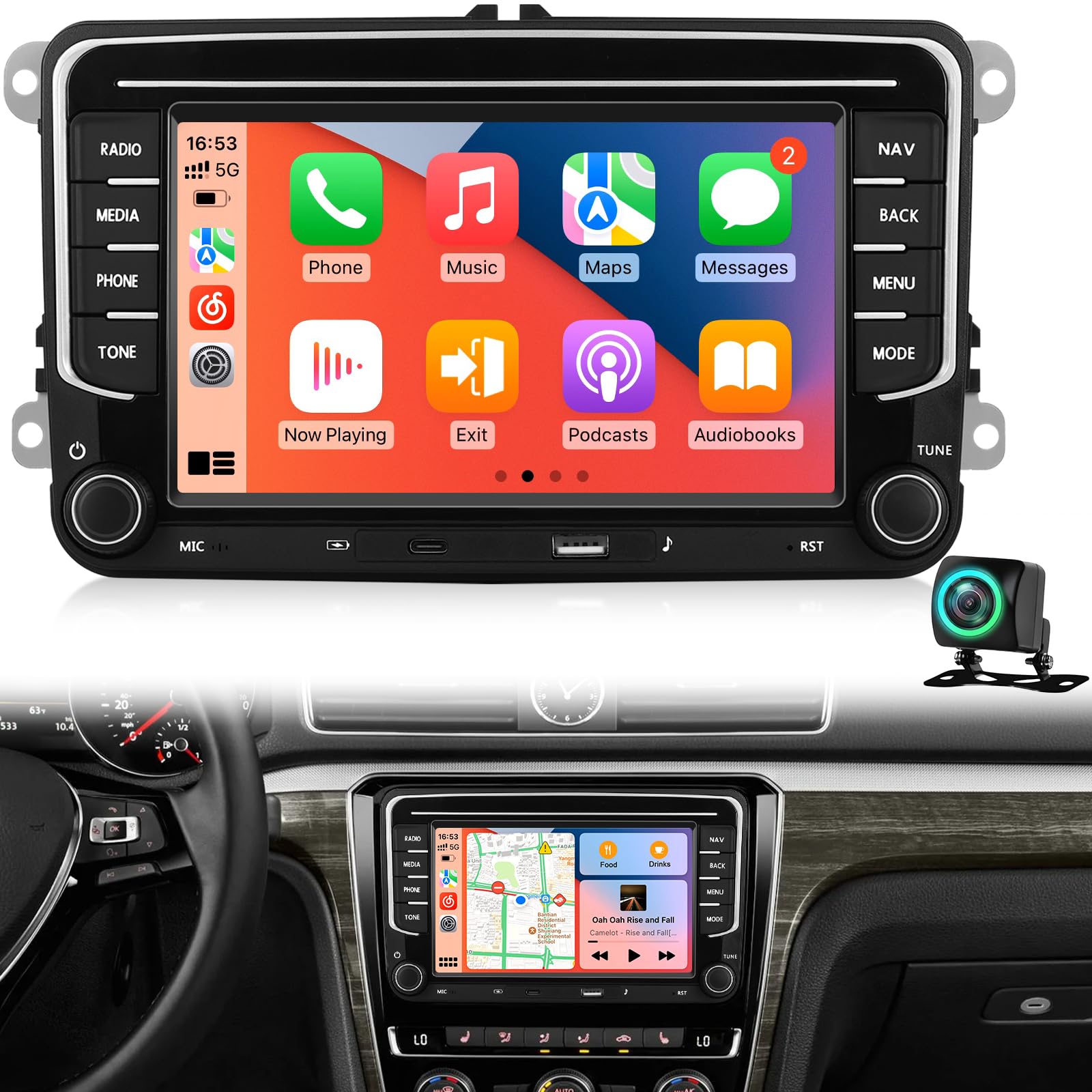 4GB+64GB VW Android Autoradio für Golf 7 Passat Tiguan Jetta Polo Beetle mit originalem 52-Pin VW Quadlock Anschluss, Drahtloses CarPlay Android Auto DSP GPS WiFi Rückfahrkamera