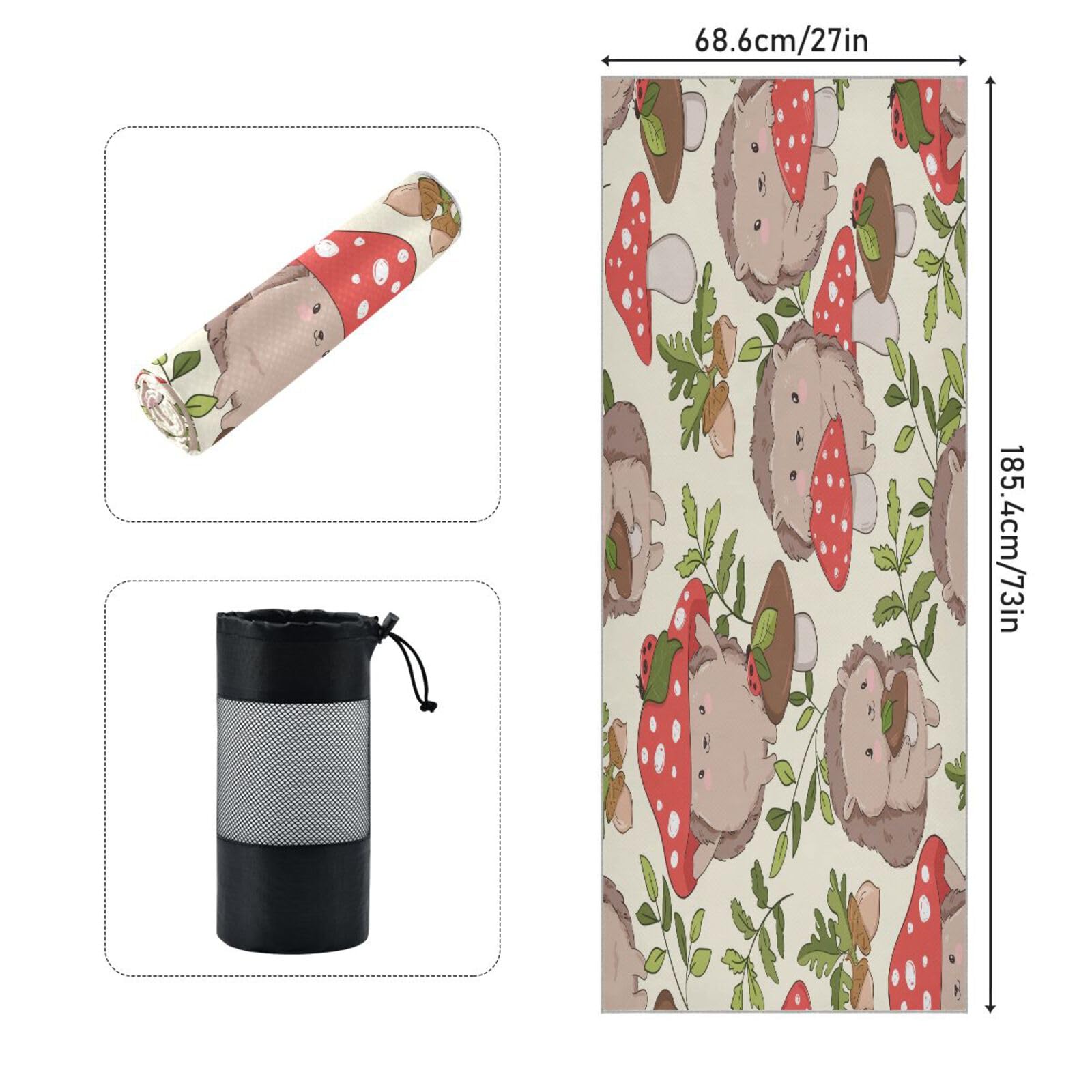 pnyoin Hedgehog and Mushrooms Yoga Towel,Hot Yoga Mat Towel with Grip Dots Sweat Absorbent Non-Slip for Hot Yoga, 24