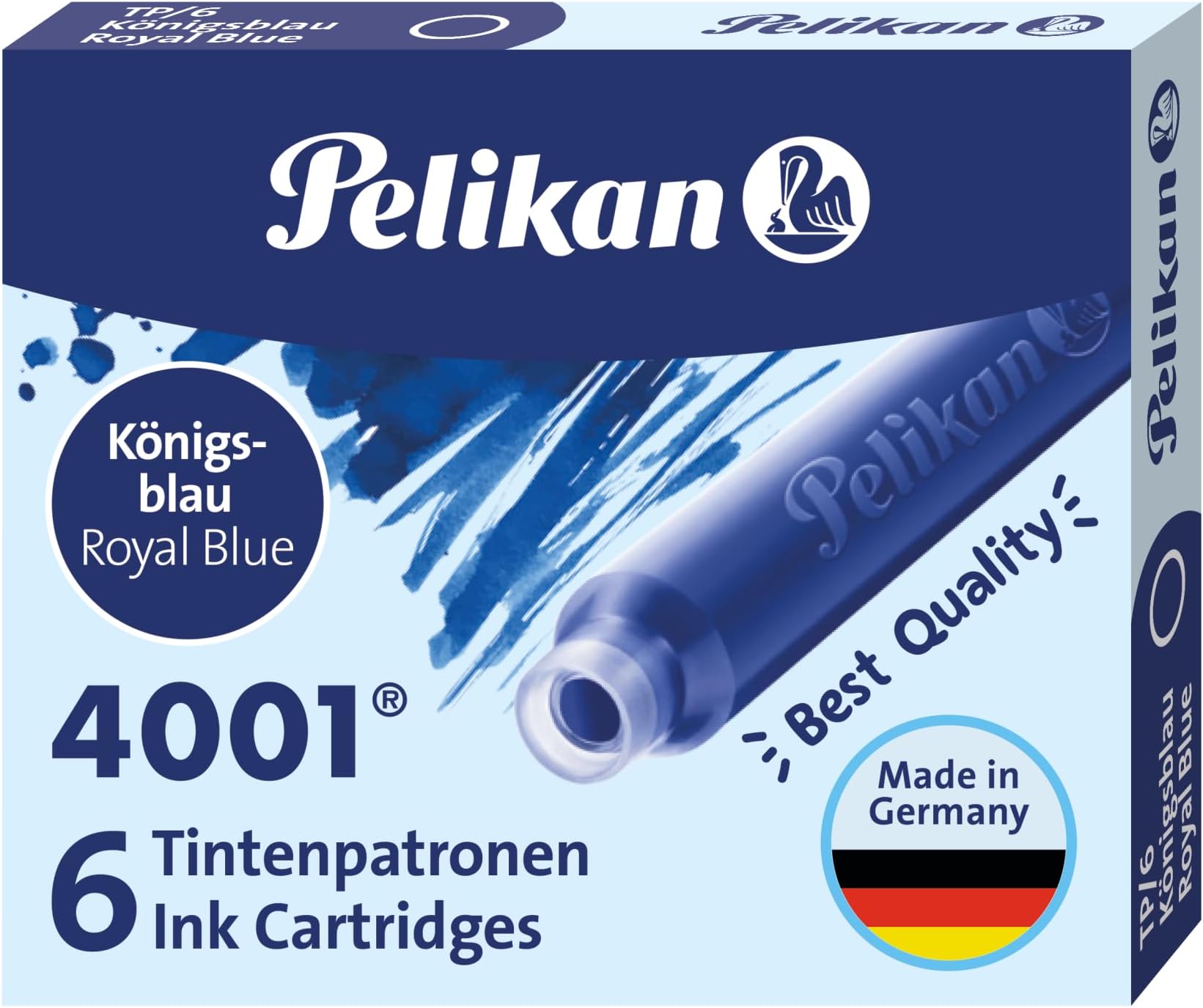 Pelikan 4001 TP/6 Ink Cartridges for Fountain Pens, Royal Blue, 0.8ml, 6 Pack (301176)