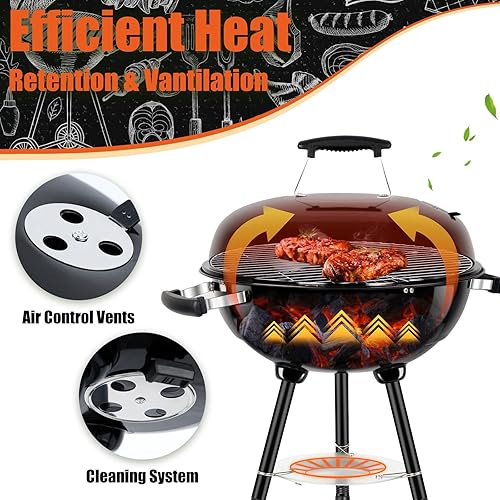 Miniatura 5 de Leonyo - Parrilla de carbón portátil de 18 pulgadas, ahumador redondo con ruedas y tapa esmaltada de porcelana para cocinar al aire libre,