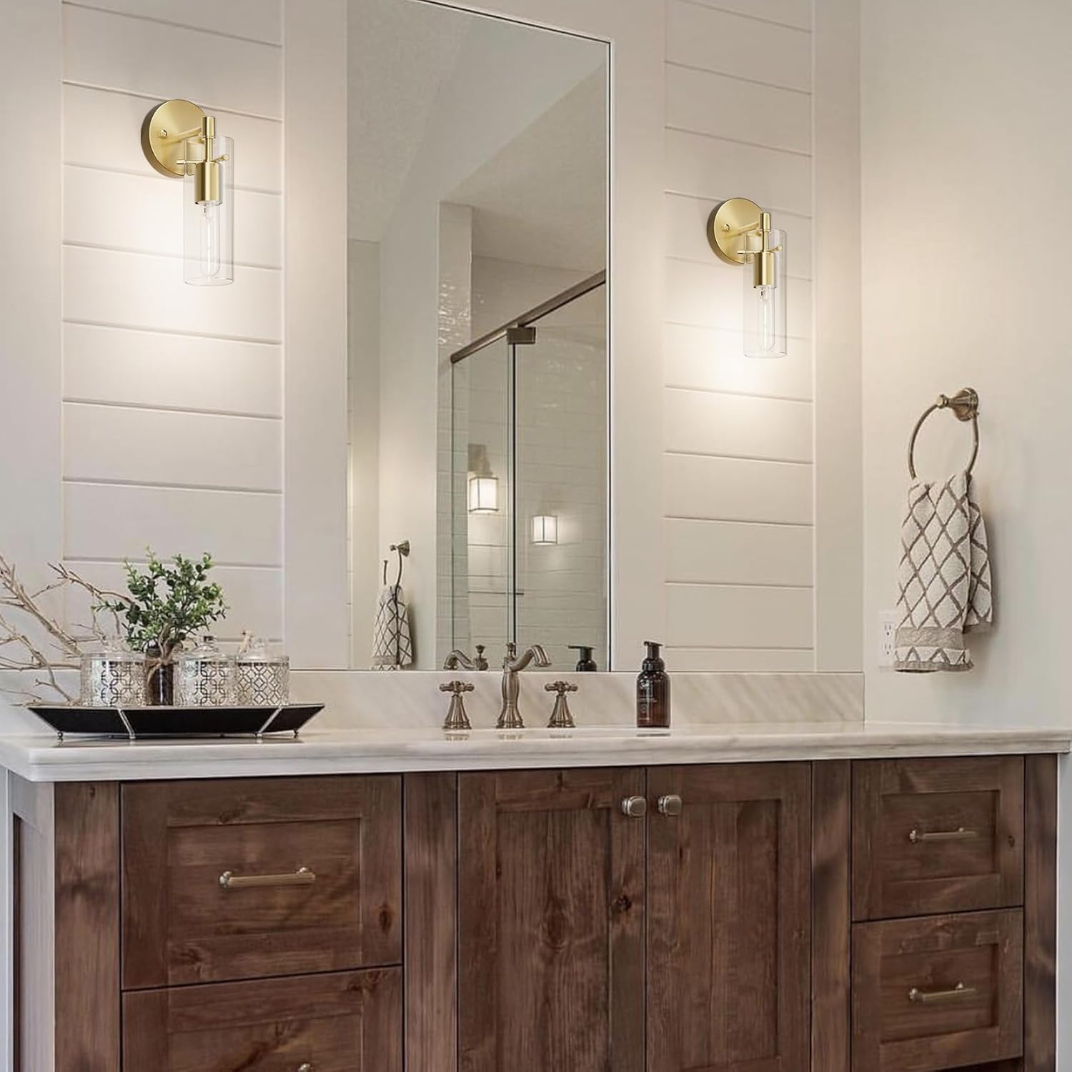 Wall Sconce Set of 2 Brass Wall Light, Farmhouse Vanity Light Fixture Modern Indoor Wall Light with Clear Glass Shade for Bathroom Bedroom Living Room Hallway Vanity