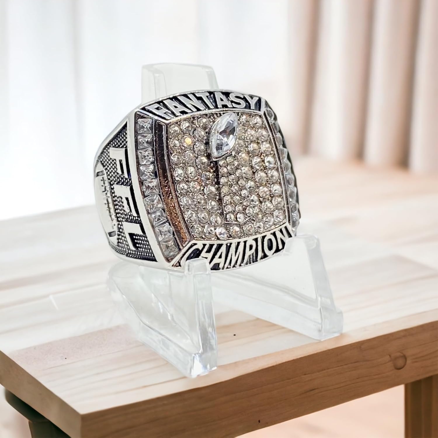 Legacy Rings 2023 Fantasy Football Championship trophy ring with clear display stand | Silver Tone | Size 8-14