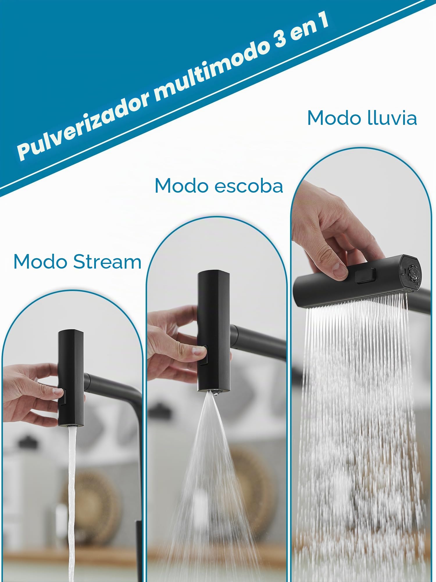 JOOM Grifo Cocina Extraíble Negro 3 Modos 360° SUS304, Monomando Fregadero | Grifo cocina extraíble negro 3 modos 360° SUS304, monomando fregadero ducha flexible,torneira cozinha fría caliente