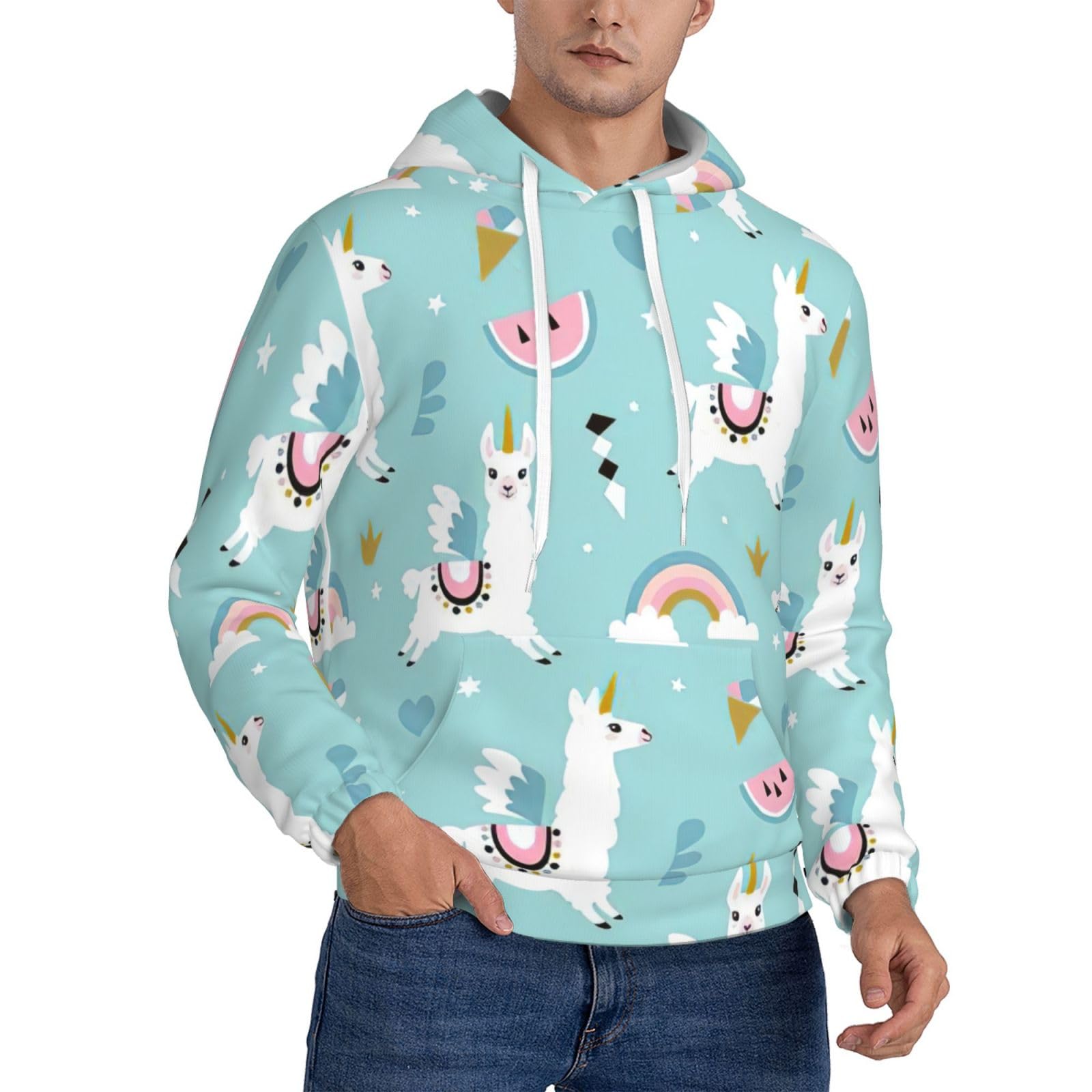 EdWal Cute Llama Print Men'S Hoodie,Comfortable Pullover Sweatshirt For Men,Drawstring Casual Hooded Sweatshirts Black