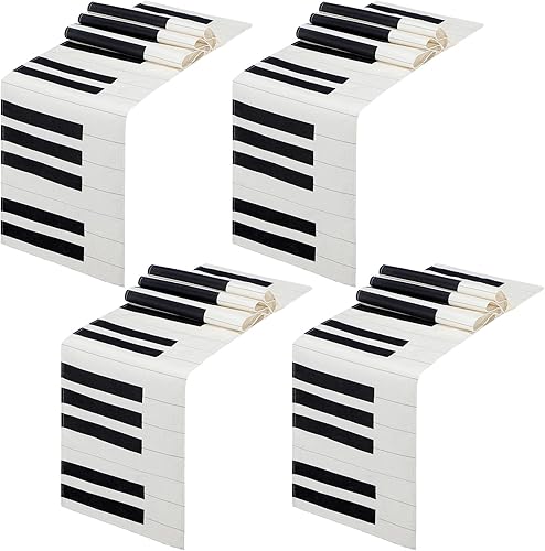 Miniatura 8 de Peryiter 4 piezas de camino de mesa musical de lino, notas musicales, camino de mesa de piano para decoración de fiesta de música, para jazz, boda,