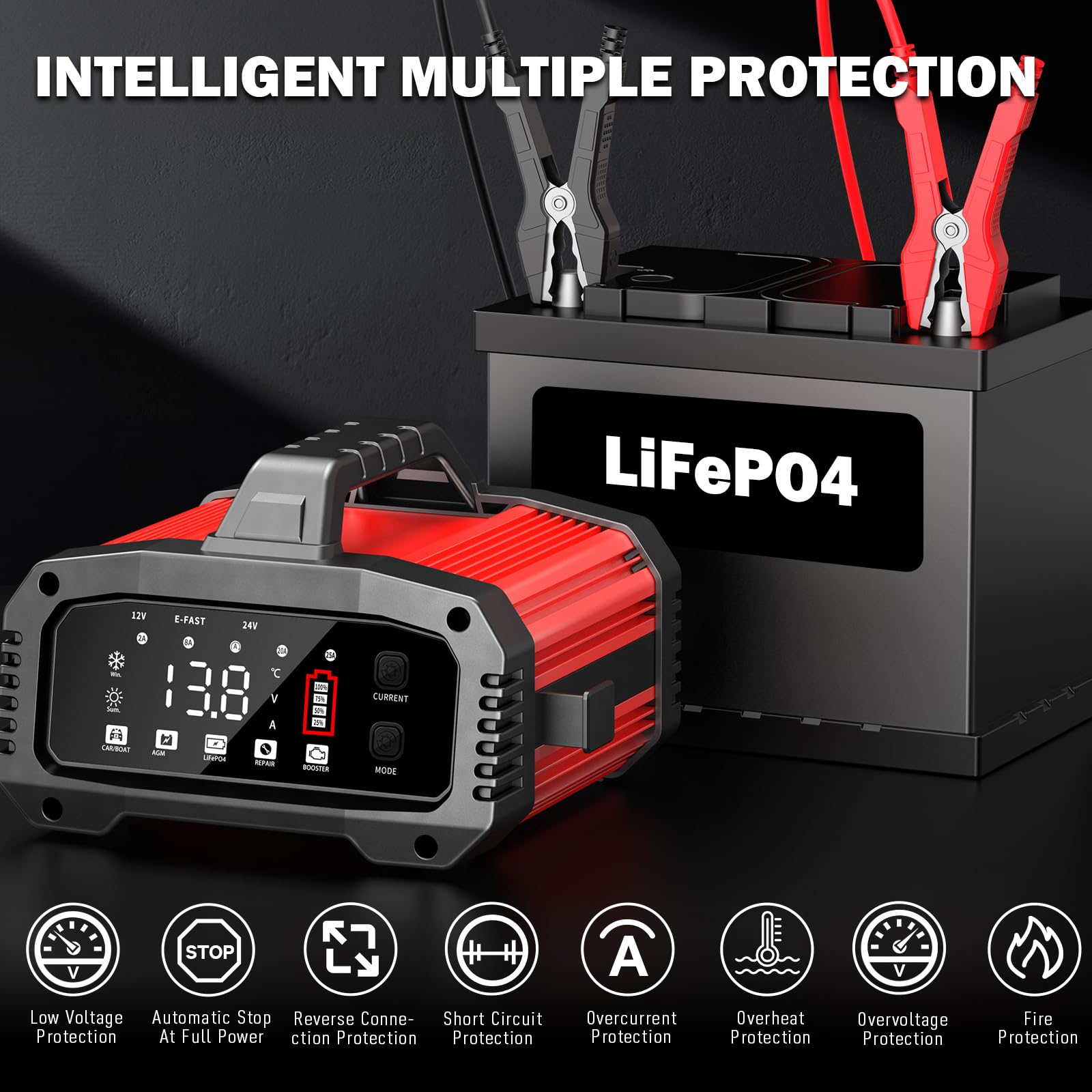 25A Auto-Batterieladegerät, mit Temperaturkompensation für Auto-, LKW-, Motorrad-, Rasenmäher-, Boots- und Marine-Batterien, rot