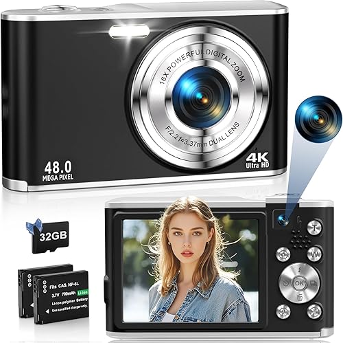 Cámara digital 4K para fotografía, cámaras duales de 48 MP para fotografía, cámaras digitales de punto y disparo de 16X con tarjeta de 32 GB y