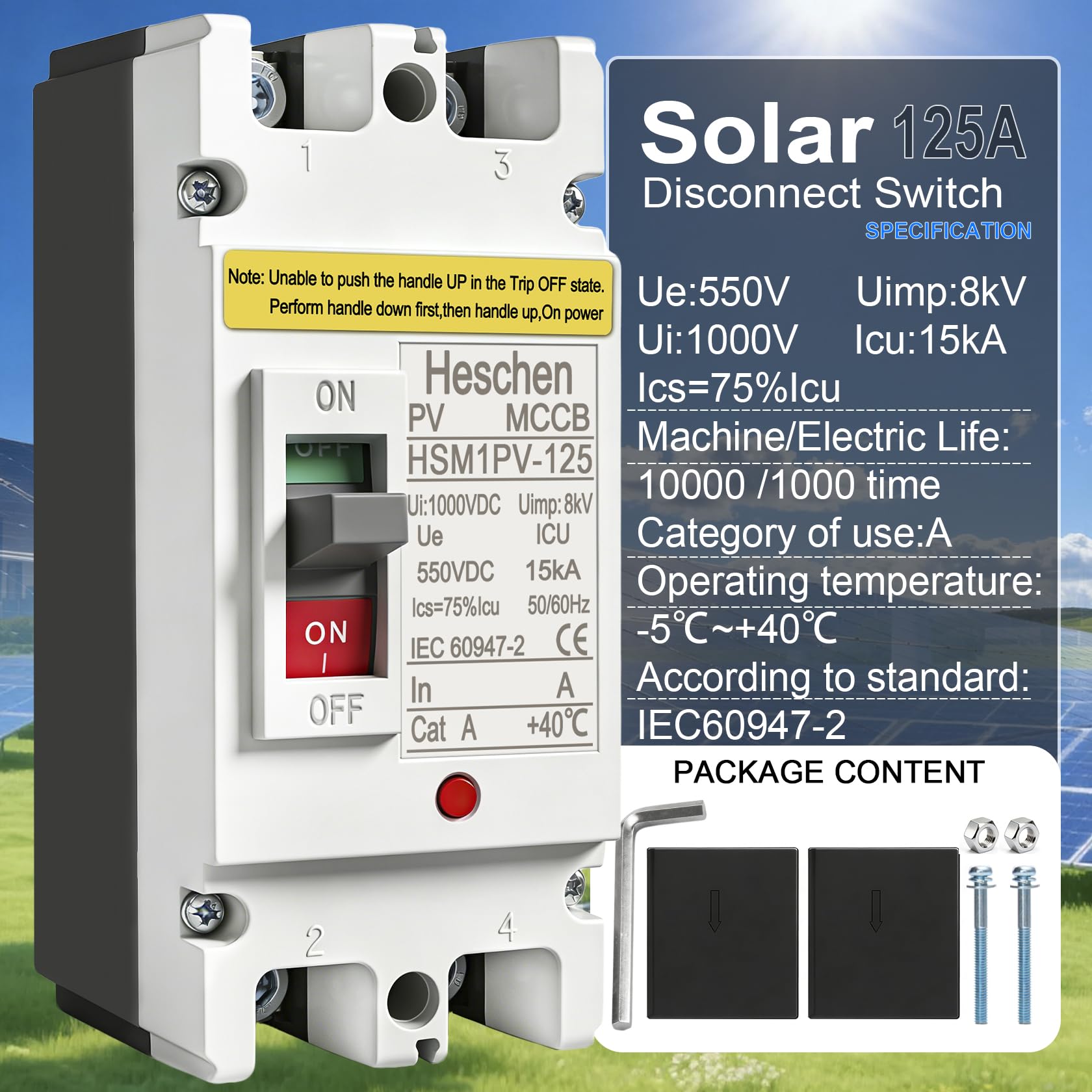 Heschen Interruttore automatico scatolato CC MCCB, 2P, DC550V, interruttore automatico fotovoltaico, per sistema solare fotovoltaico Pannelli solari Sistema di rete (125A, HSM1PV-125)