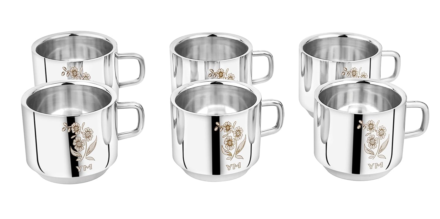 Buy YM STAINLESS STEEL Double Wall Tea & Coffee Cup (Set of 6), Laser