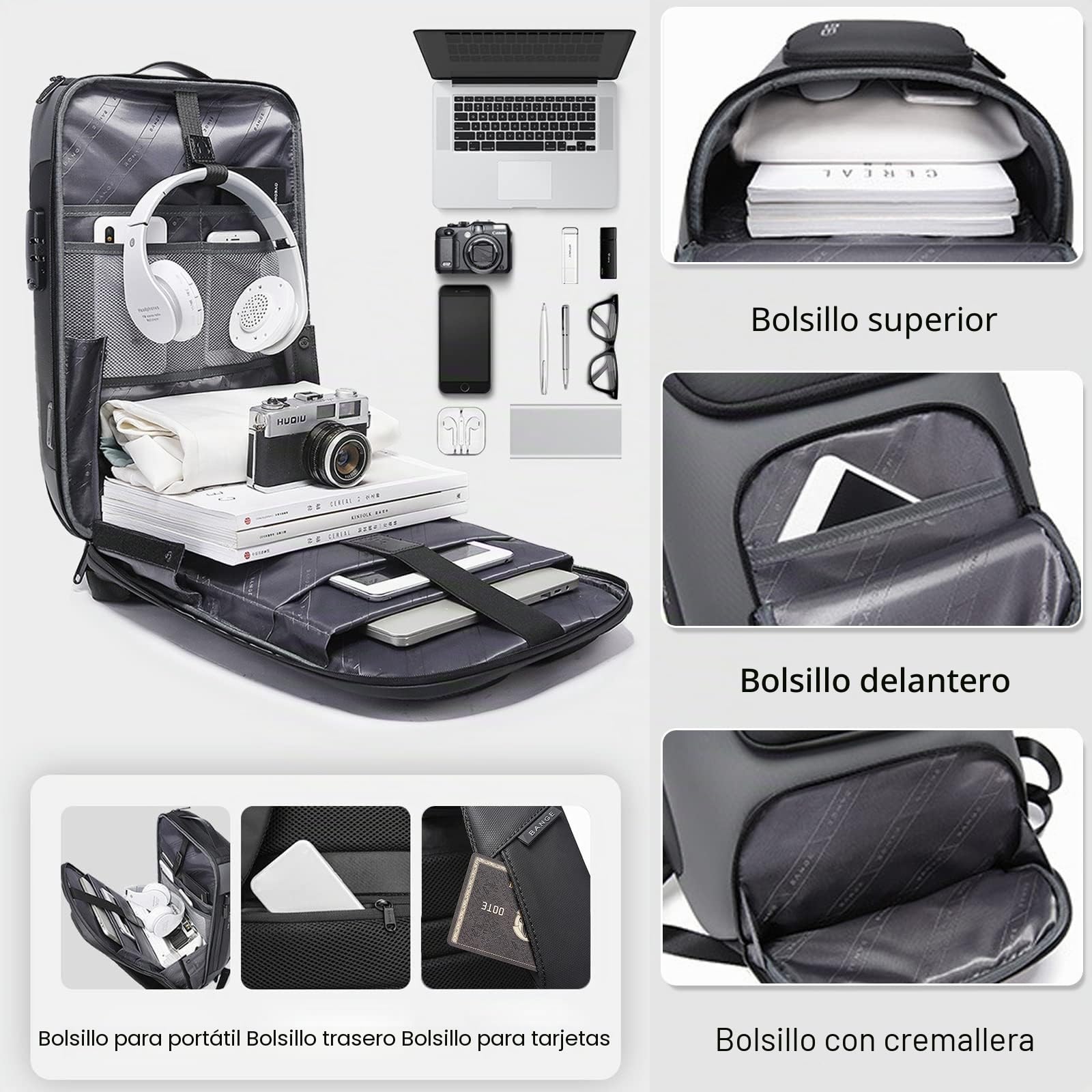 FANDARE Antirrobo Mochila para Portatil Mochila Universidad Mochila Portatil Hombre Bolsas Escolares con Puerto USB Mochila para 15.6 Pulgadas Portátil Multiusos Impermeable Mochilas Gris
