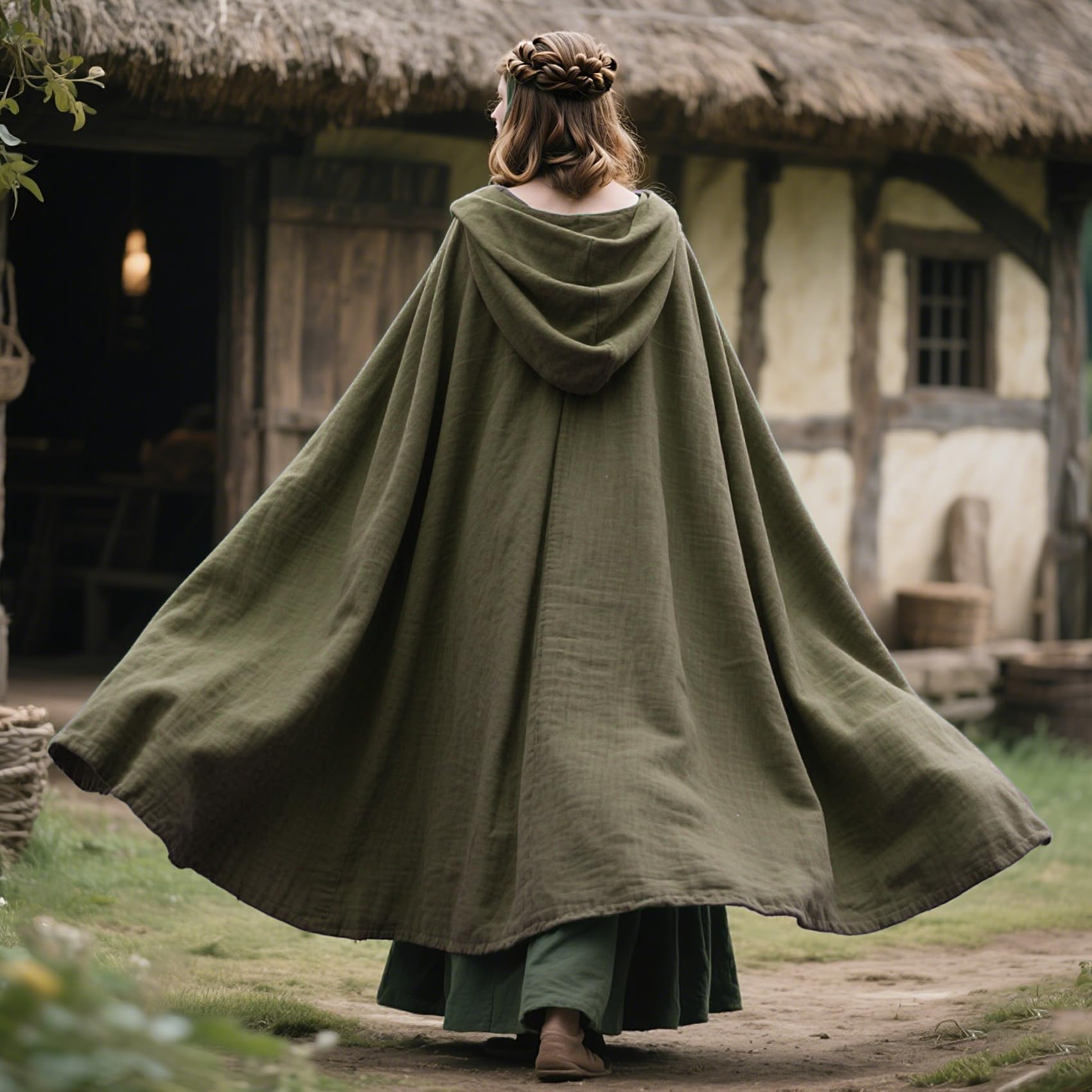 keland Mittelalter Umhang Leinen Kapuzenumhang Renaissance für Damen Herren Halloween (Grün-1)