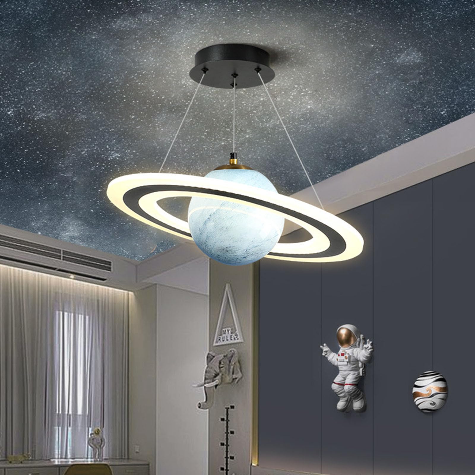 LED Hängelampe Kinderzimmer Planet Pendelleuchten, Kinderzimmer Lampe Decke Junge Mädchen, Glas Lampenschirm Saturn Schlafzimmerlampe Rund LED Hängeleuchten Dimmbar für Jungen Mädchen (Blau)