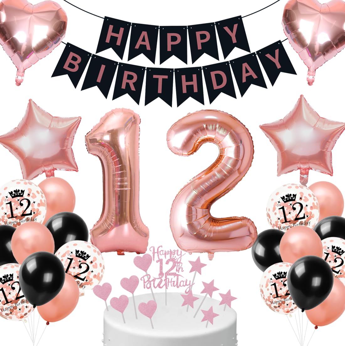 Cadimus Deko 12. Geburtstag Mädchen Schwarz Roségold,12. Geburtstag Luftballon,Geburtstagsdeko 12 jahre Frauen,Ballon Dekorationsset für 12 ter,Ballons für Geburtstagsfeier Deko