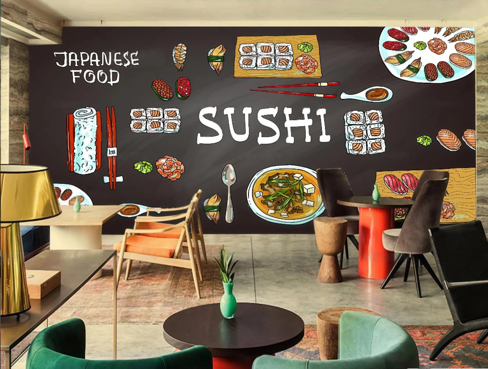 XDOUBAO Wallpaper Retro Blackboard Hand-Painted Sushi Cuisine Theme Snacks Dessert Shop Afternoon Tea Western Restaurant Background Wallpaper Coffee Shop Mural,3D,300x210cm