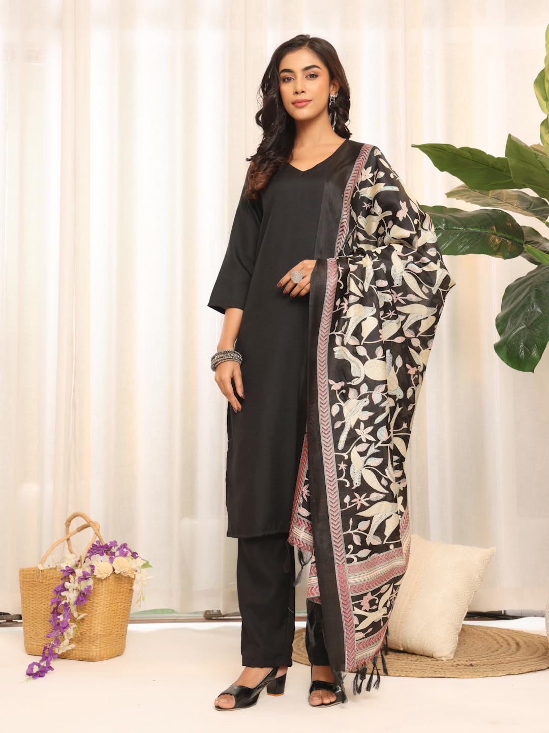 Varanga Women's Solid Black V-Neck Straight Kurta Set With Printed Dupatta  Stylish & Comfortable Ethnic Wear For Casual & Festive Occasions