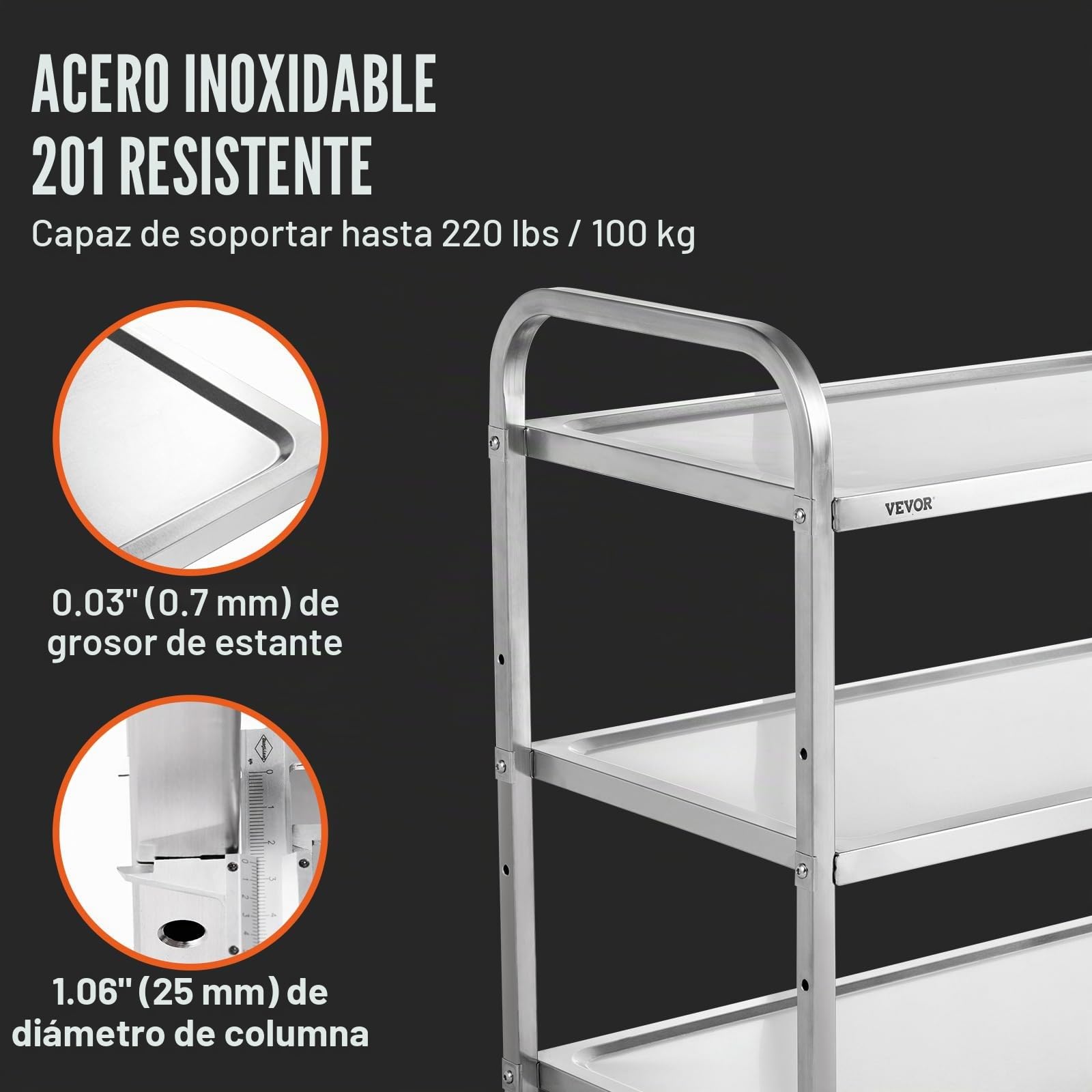 VEVOR Carro con Ruedas de 3 Niveles Carro de Almacenamiento Multifuncional de Acero Inoxidable 94x49,5x93 cm Carga 100 kg Ruedas con Bloqueo 6 Ganchos para Almacenamiento Lavadero Cocina Restaurante