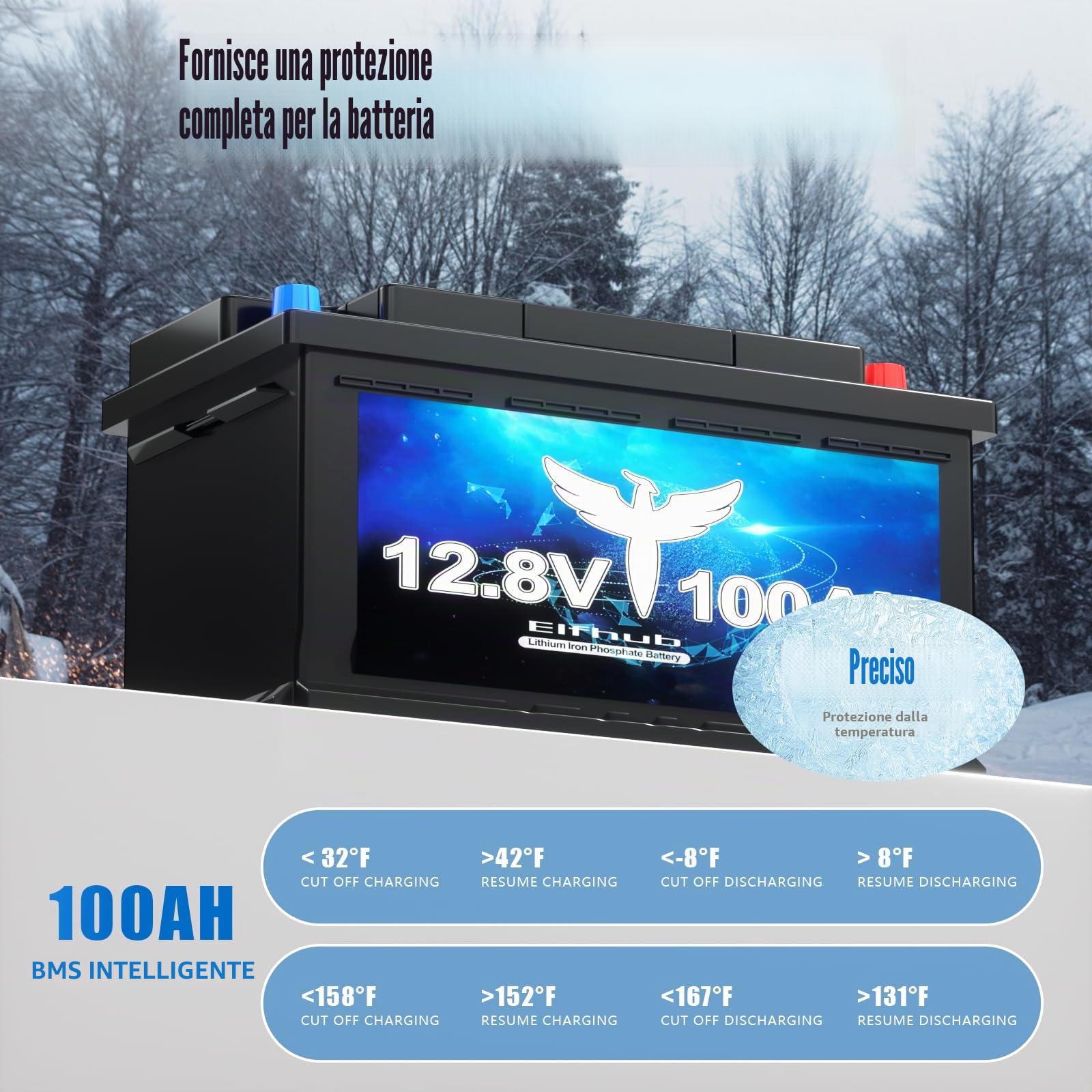 LiFePO4 12 V 100 AH batteria auto Bluetooth 100 A BMS oltre 5000 volte ciclo basso, batteria al litio 1280 W, protezione da spegnimento a bassa temperatura per camper, campeggio, barca