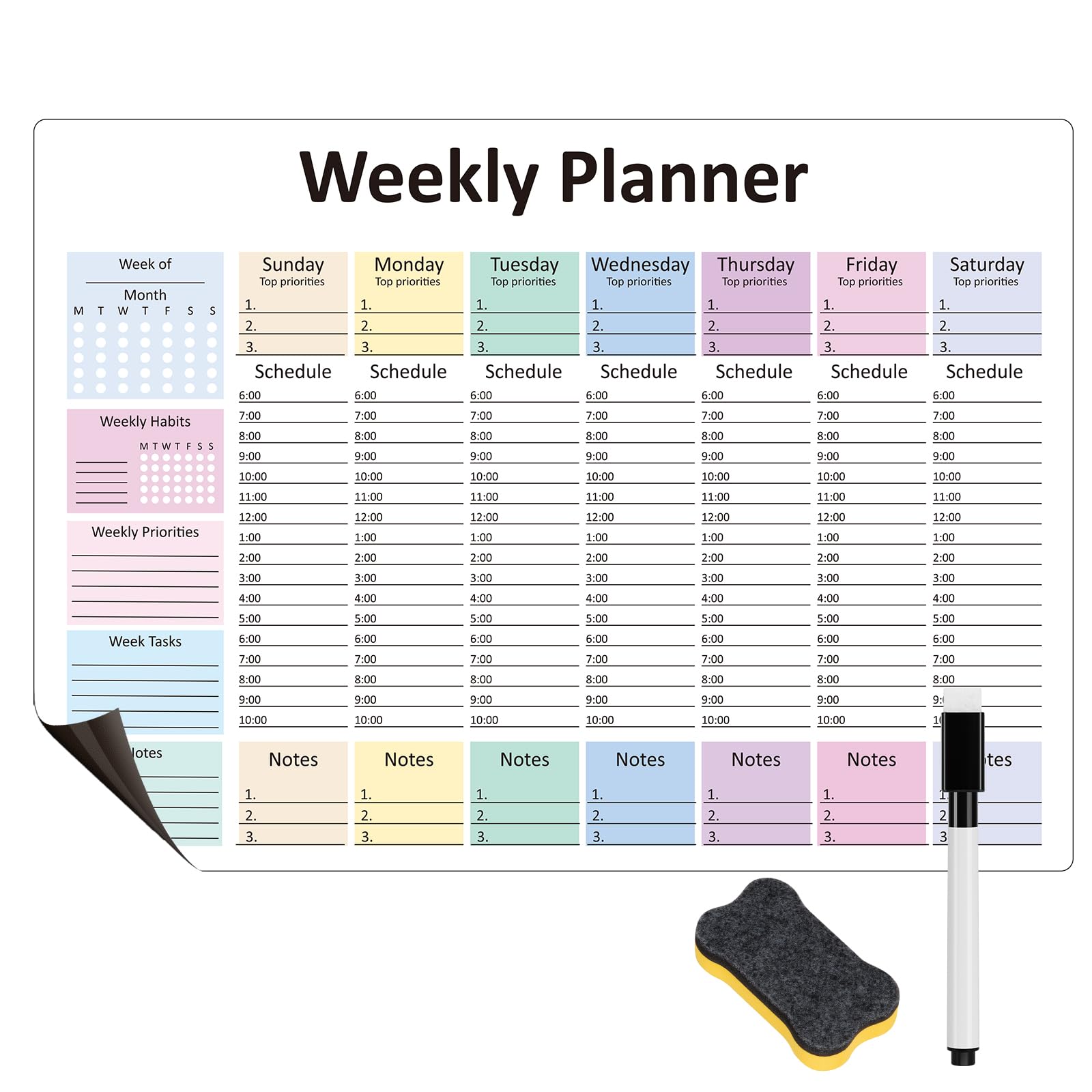 Weekly Hourly Planner Dry Erase Magnetic Whiteboard-Daily Weekly Weekly Planner and Hourly Schedule Checklist-Weekly To Do List Organize Your Daily Work Efficiently