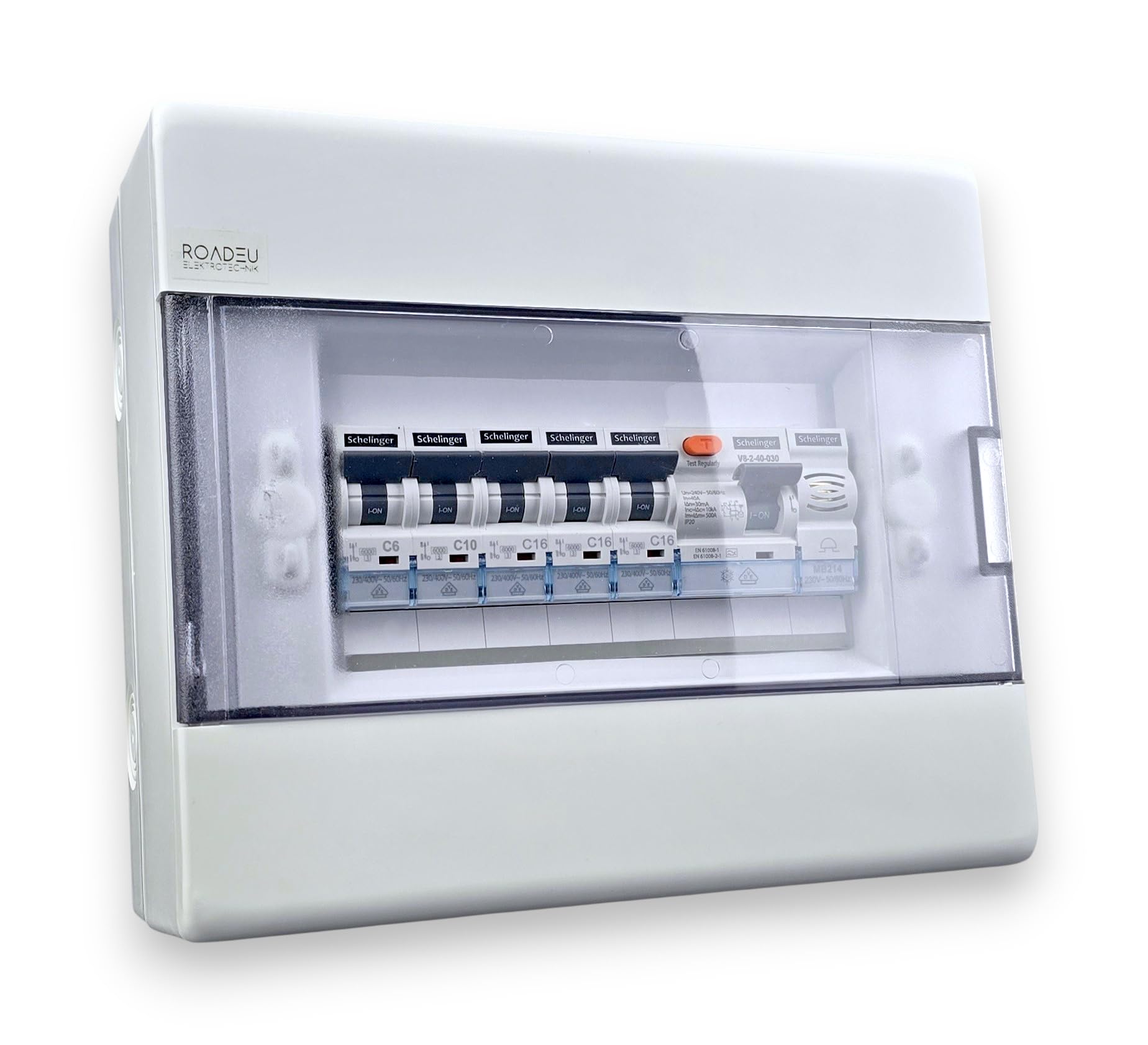 RoadEu - Aufputz Sicherungskasten 8 Module FI 40A 30mA C6 C10 3xC16 Klingel