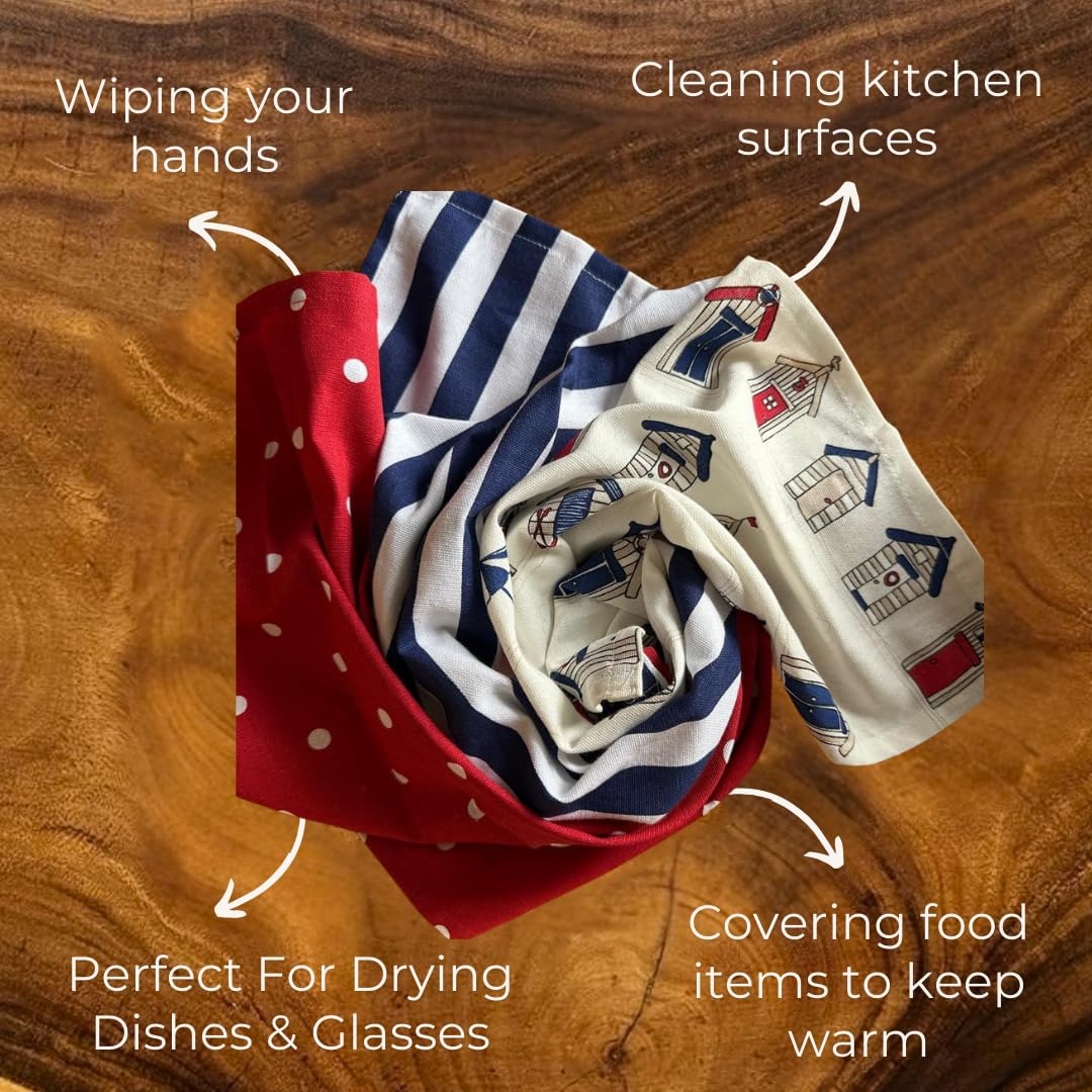 100% Cotton Kitchen Towel, Set of 3 Kitchen Napkins, Beach House Print 2
