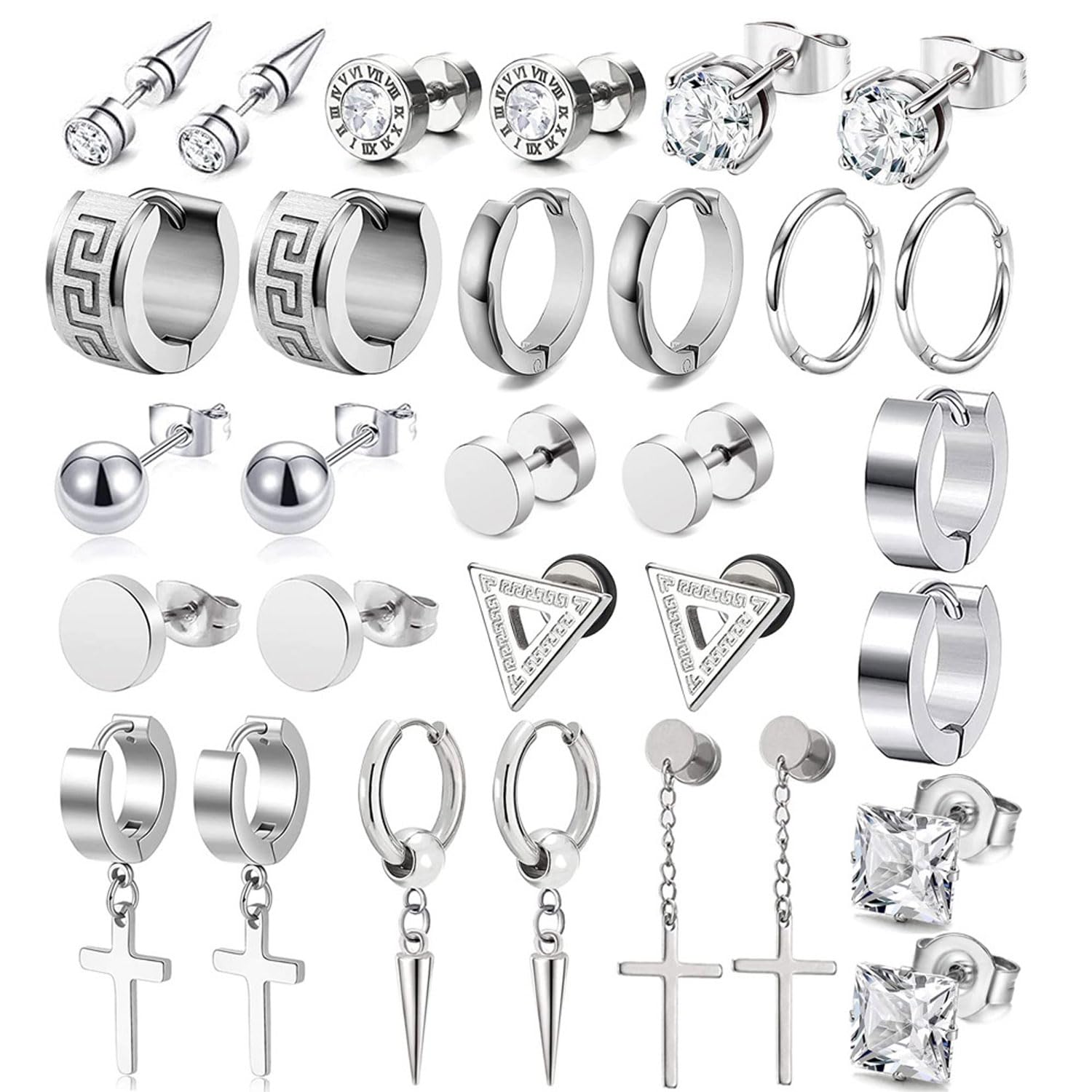 メンズアクセサリー　セット Amazon.com: 15 Pairs Men's Stainless Steel Earrings Stud Kit