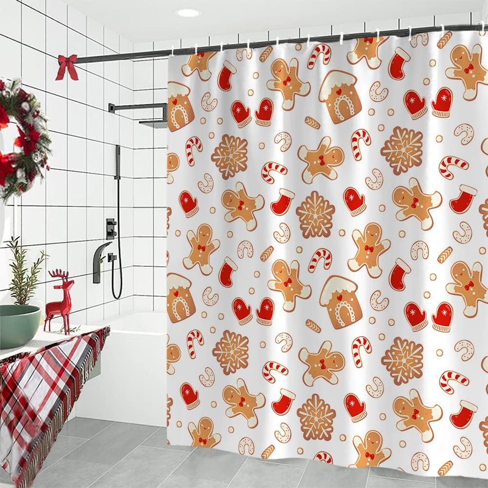 BestLives Christmas Shower Curtains 72 x 72 Inches Gingerbread Man Snowflake Bath Curtain Candy Cane Waterproof Polyester Fabric Bathroom Curtain with Hooks