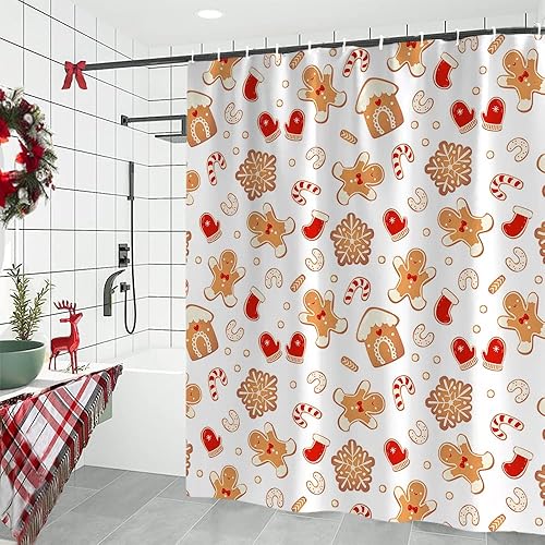 Miniatura 2 de Cortinas de ducha navideñas de 72 x 72 pulgadas, cortina de baño de hombre de jengibre con copos de nieve, bastón de caramelo, tela de poliéster