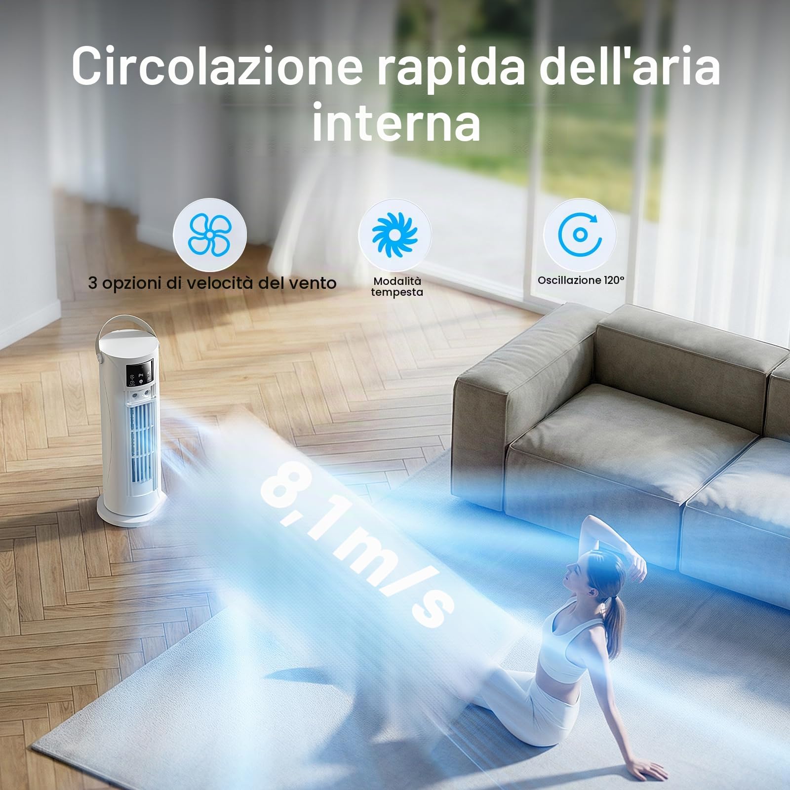 Condizionatore Portatile Modalità Tempesta,Raffrescatore Aria 4 in 1 Silenzioso 28dB, Ventilatore Senza Pale,Oscillazione 120°, Doppia Nebbiatura Anti-perdita 750mL, Timer 8H per Casa Ufficio (Bianco)