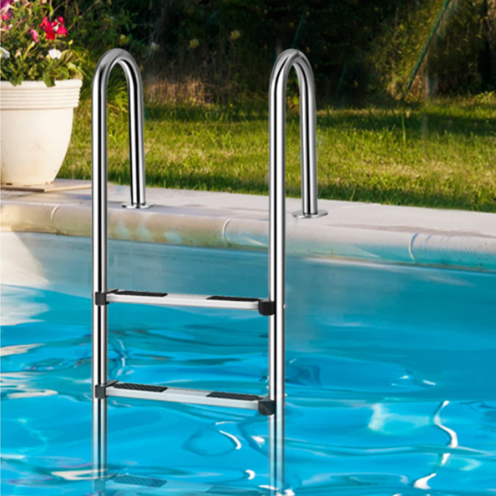 GYMAX Poolleiter 3 Stufen Schwimmbadleiter Edelstahl Einstiegsleiter mit Antirutschpads Einbauleiter Tiefbeckenleiter Sicherheitsleiter 55 x 25 x 132,5 cm