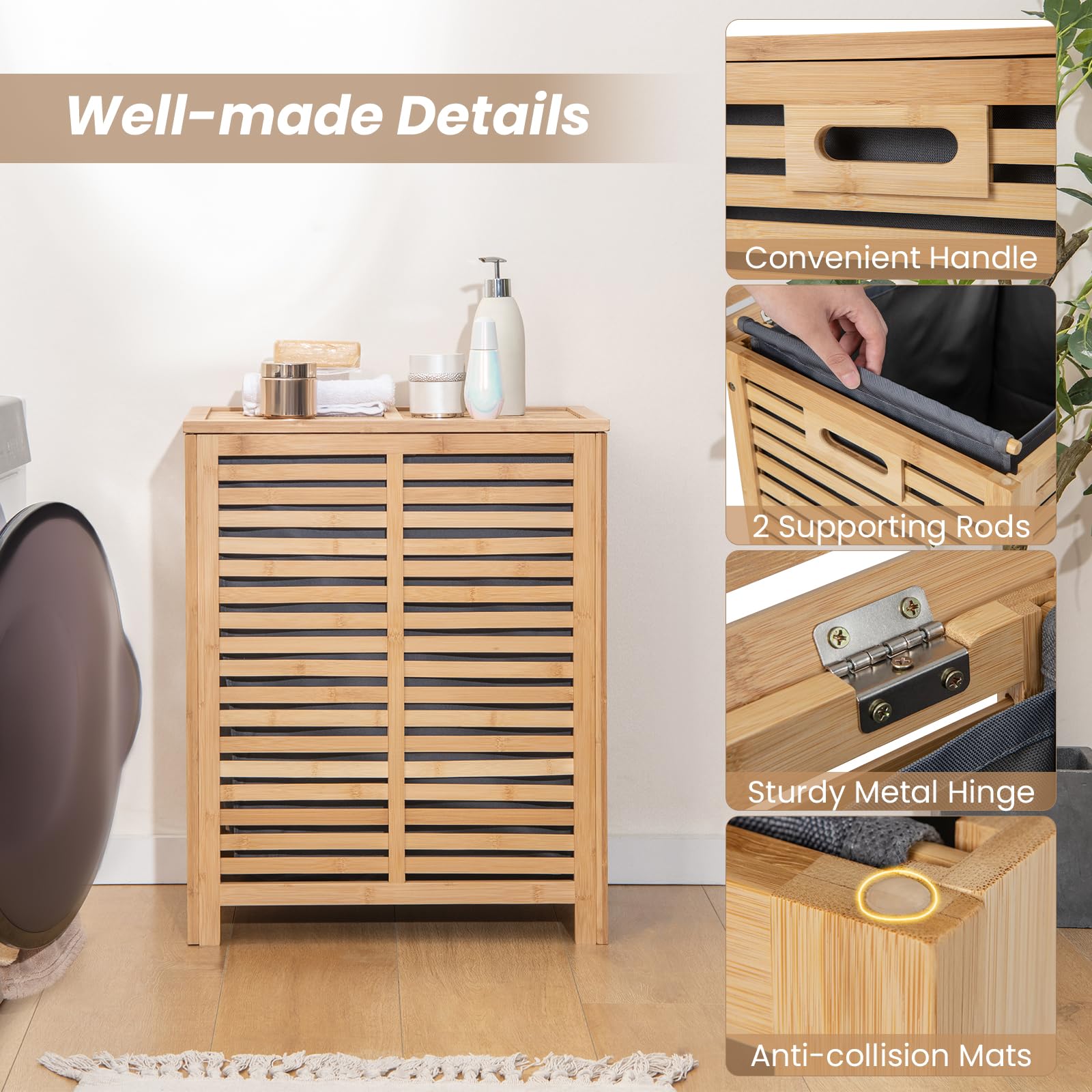 FANTASK 80L Wäschesammler mit Deckel, Groß Wäschekorb mit Abnehmbare & Waschbare Stofftasche, Wäschebox Bambus, wäscheschrank für Bad, Schlafzimmer, Wohnzimmer