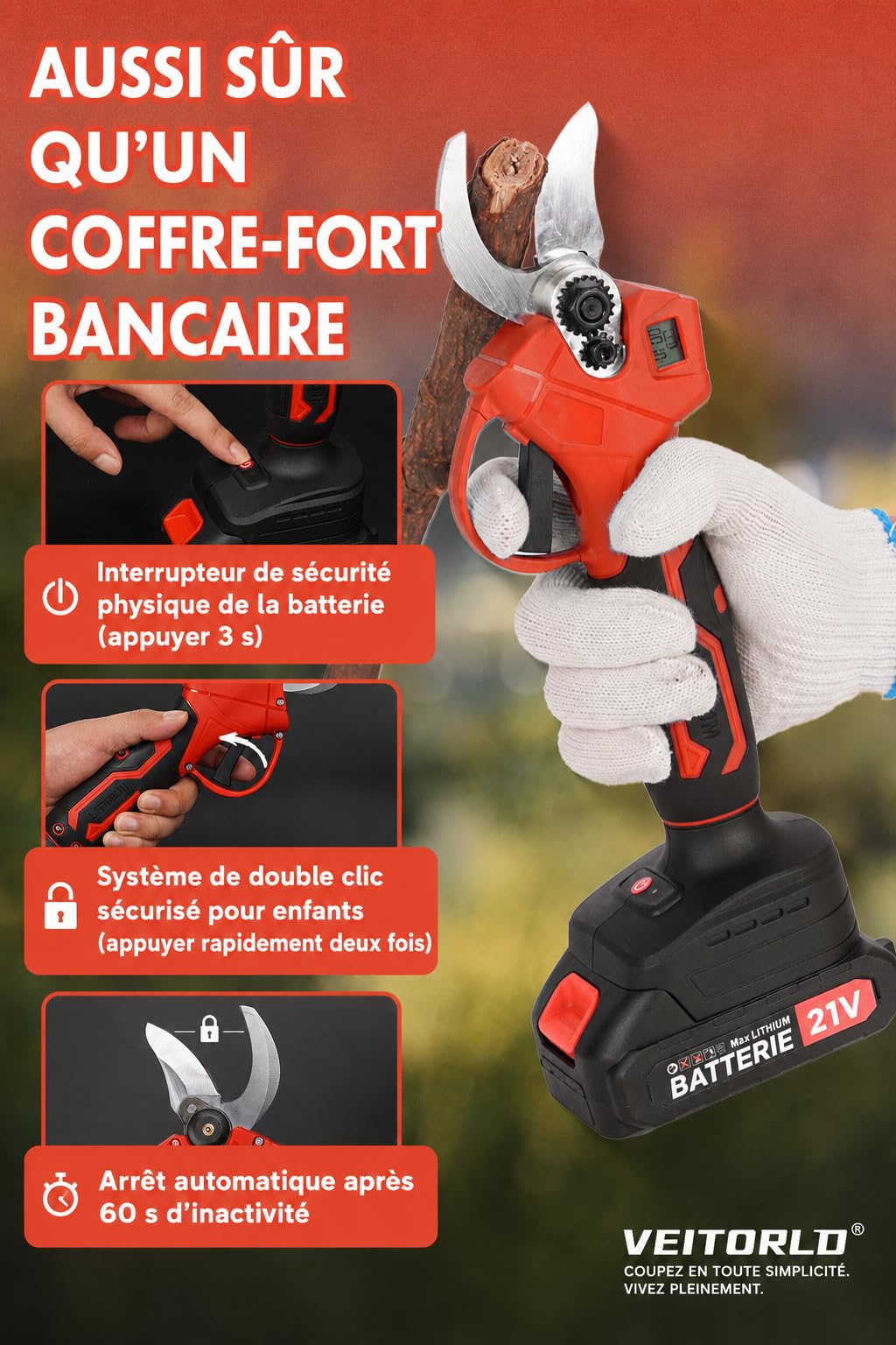 Veitorld Sécateur Électrique Sans Fil 30mm, Brushless, 2 Batteries 2000mAh