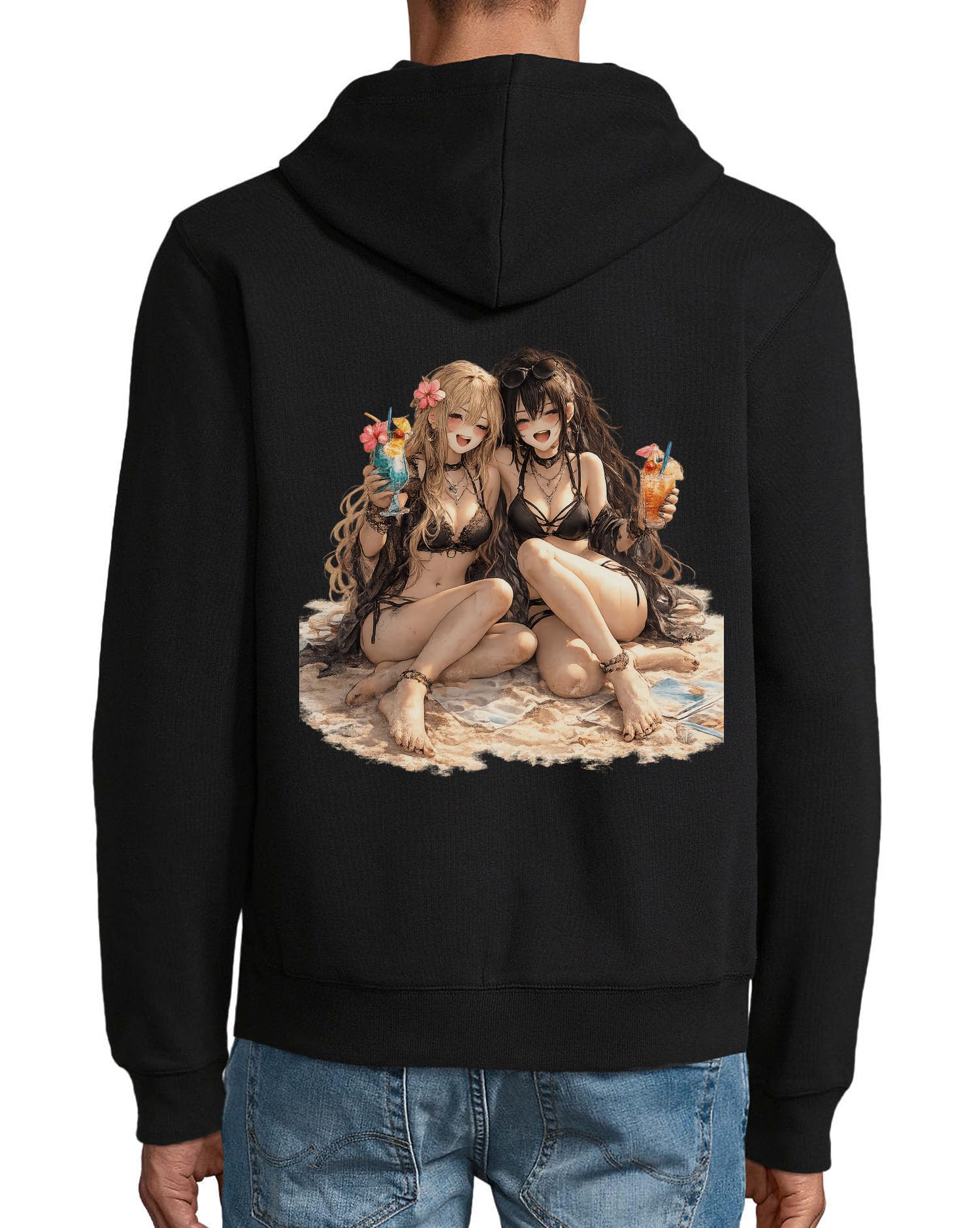 Dwie kobiety śmiejące się cieszące się plażą napoje bluza z kapturem mieszanka bawełny zamek kurtka bluza z kapturem czarna